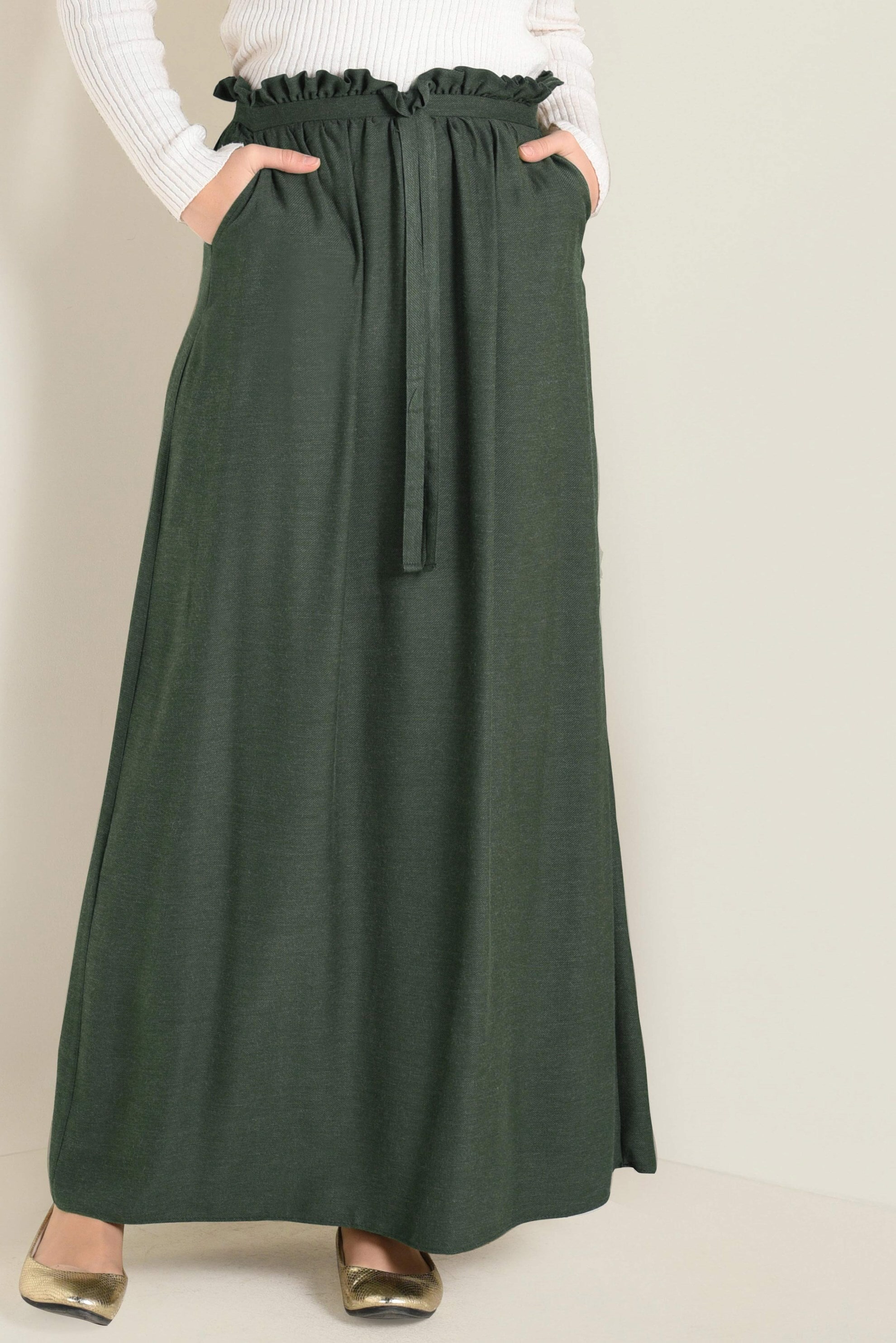 Tesettür giyim HAKİ BELİ LASTİKLİ VE KUŞAKLI ETEK  6268