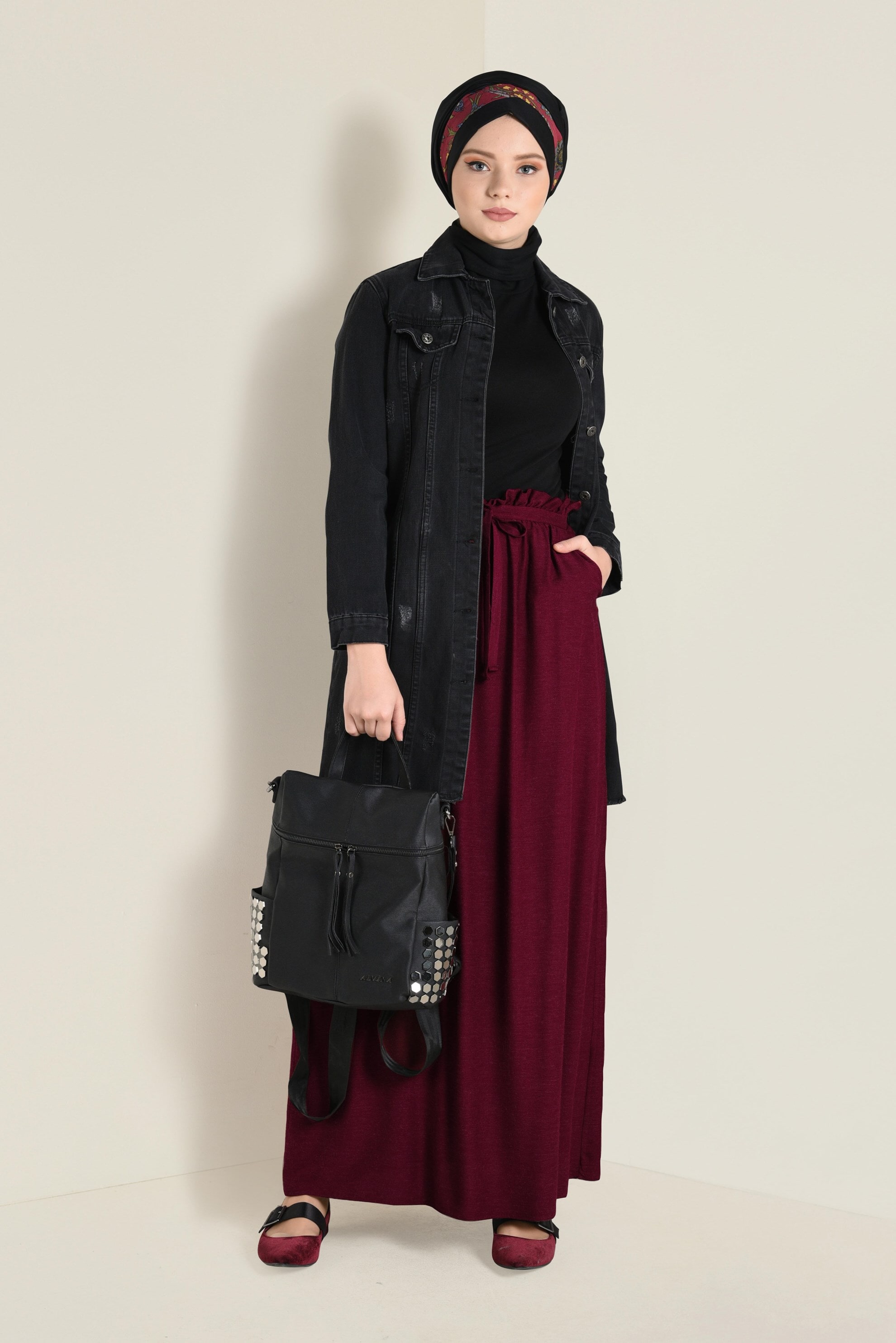 Tesettür giyim BORDO BELİ LASTİKLİ VE KUŞAKLI ETEK  6268