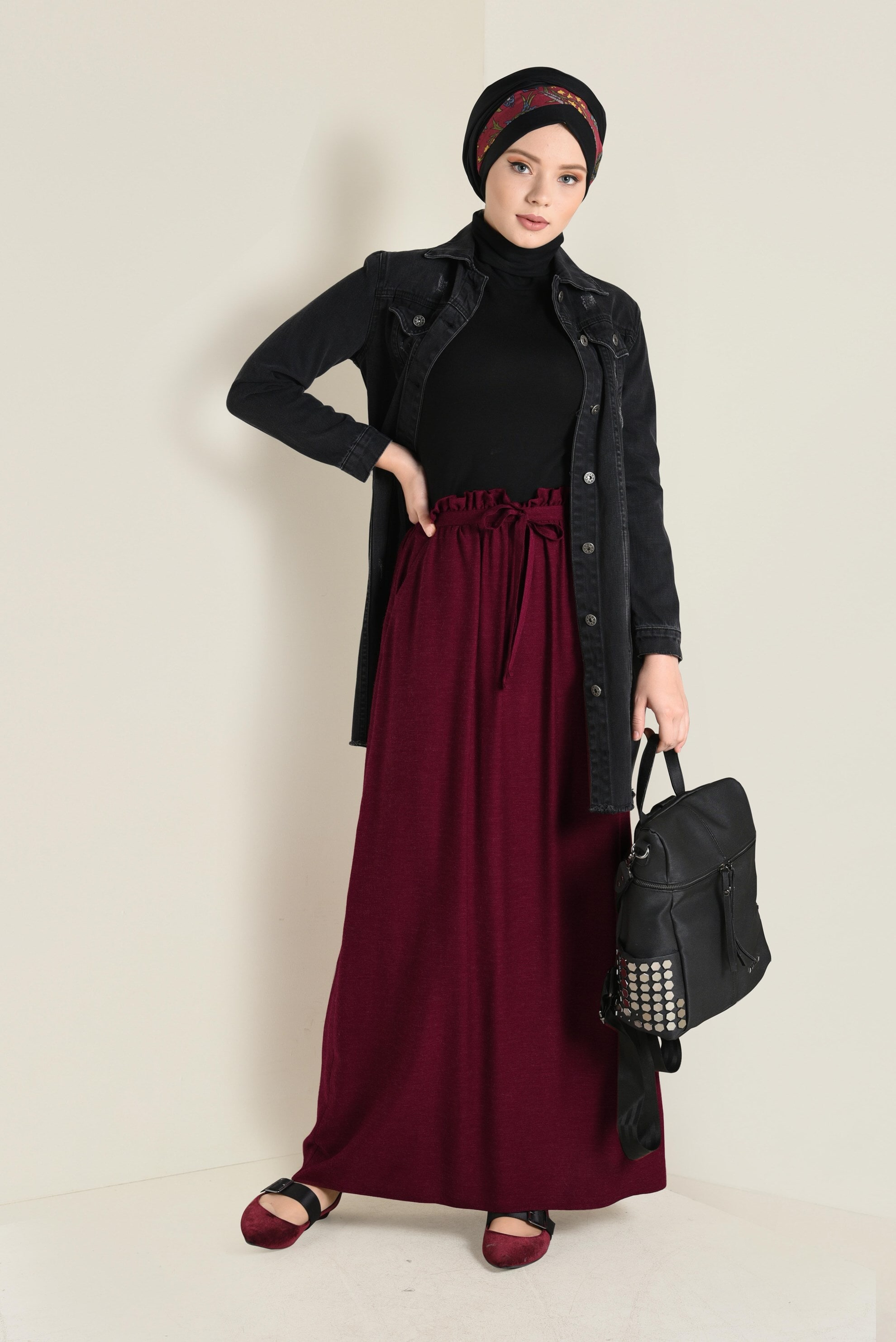 Tesettür giyim BORDO BELİ LASTİKLİ VE KUŞAKLI ETEK  6268