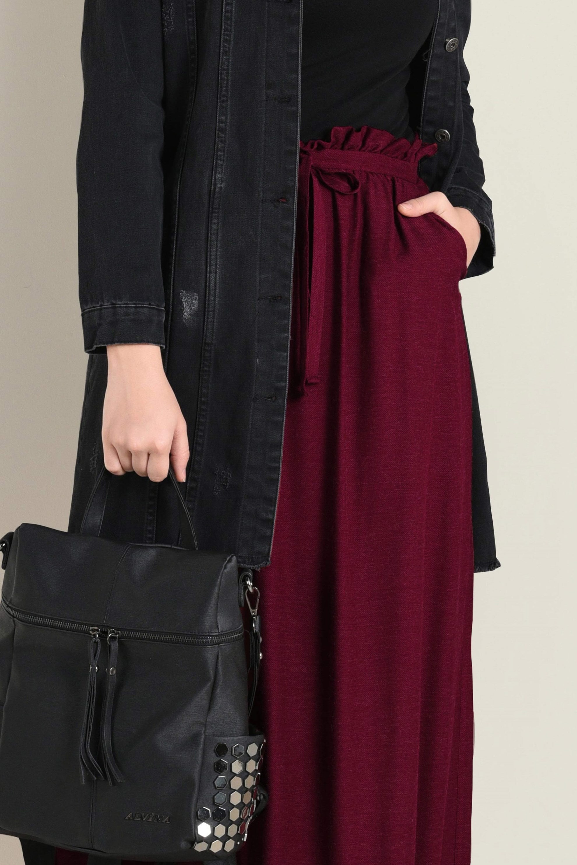 Tesettür giyim BORDO BELİ LASTİKLİ VE KUŞAKLI ETEK  6268