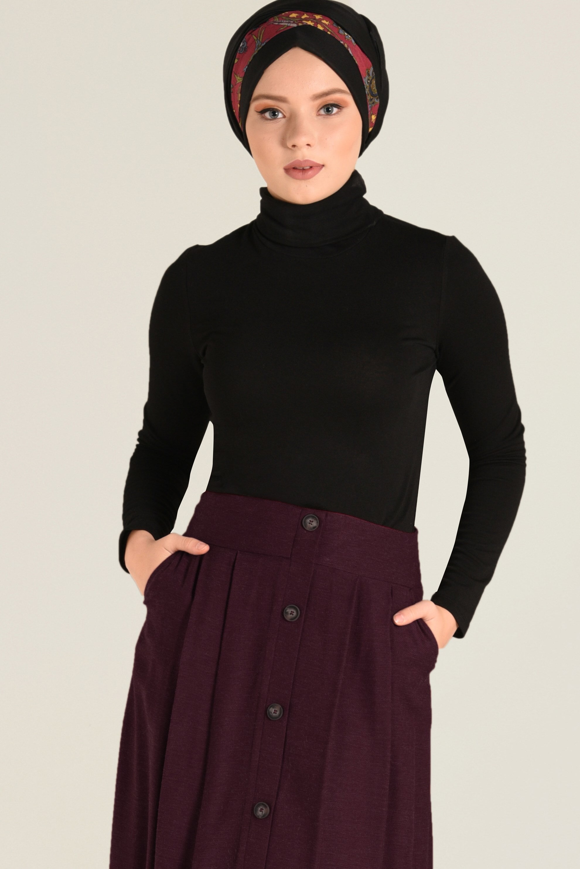 Tesettür giyim BORDO BOYDAN DÜĞMELİ ETEK 6270 