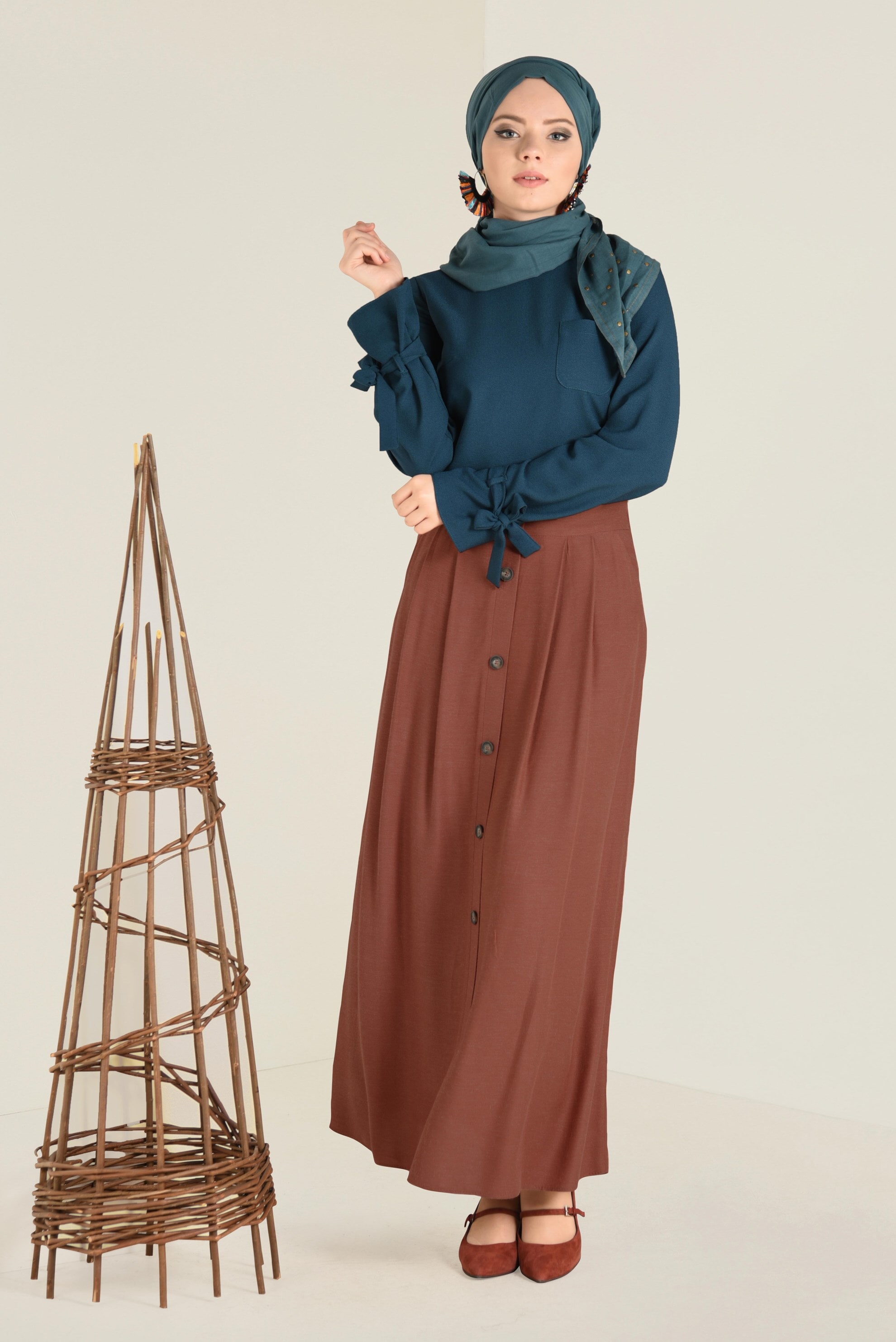 Tesettür giyim TURUNCU BOYDAN DÜĞMELİ ETEK 6270 