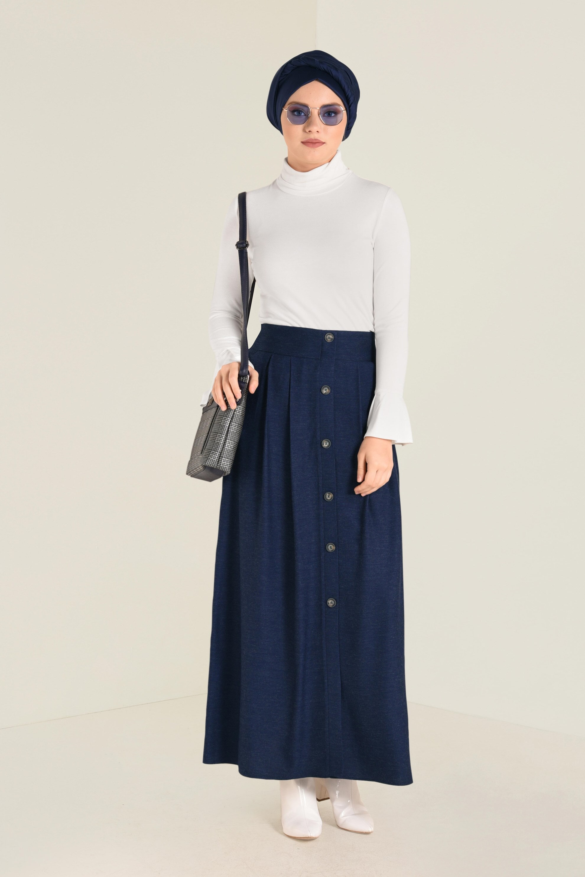 Tesettür giyim LACİVERT BOYDAN DÜĞMELİ ETEK 6270 