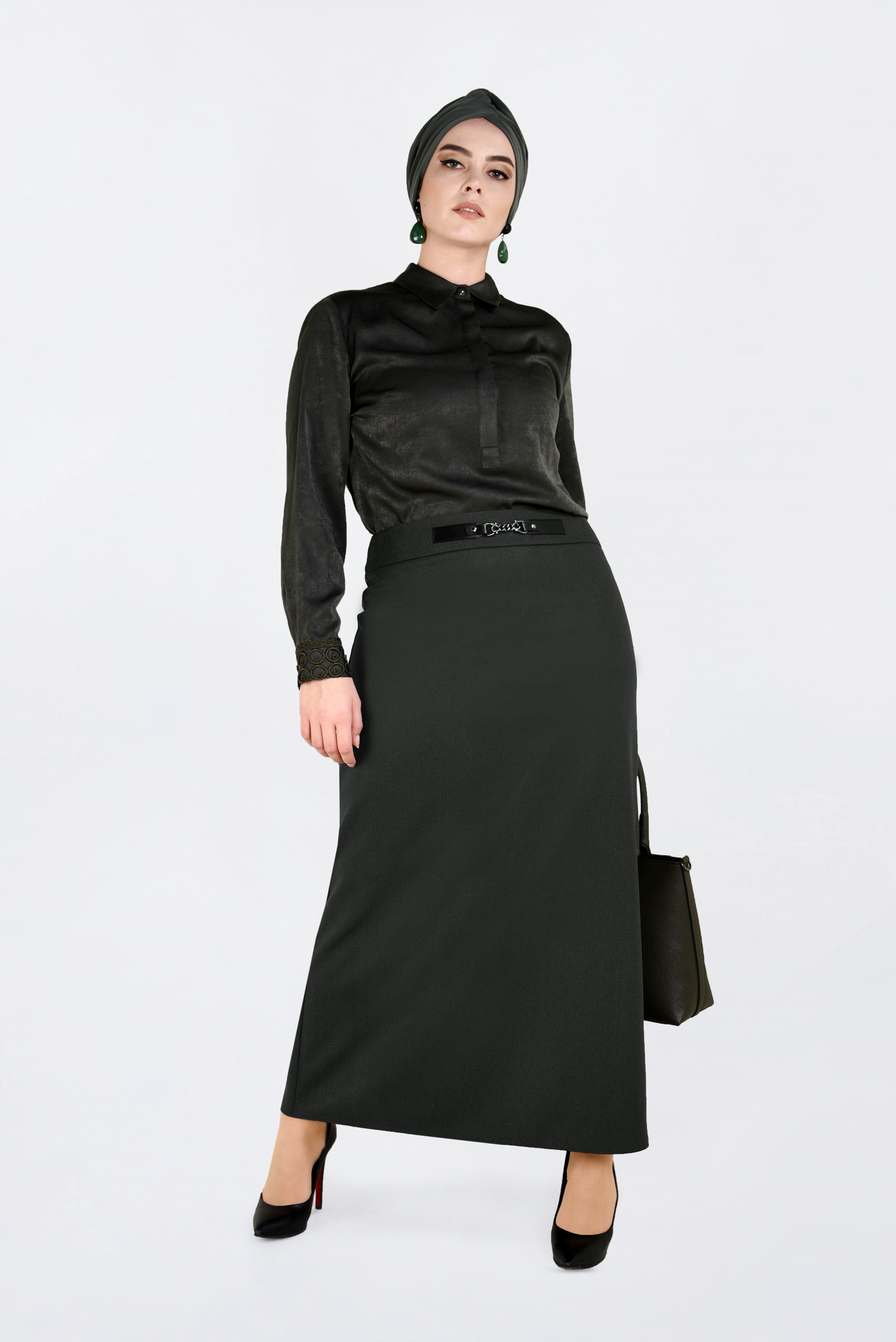 Tesettür giyim HAKİ ZİNCİR DETAYLI GİZLİ YIRTMAÇLI ETEK 6271 