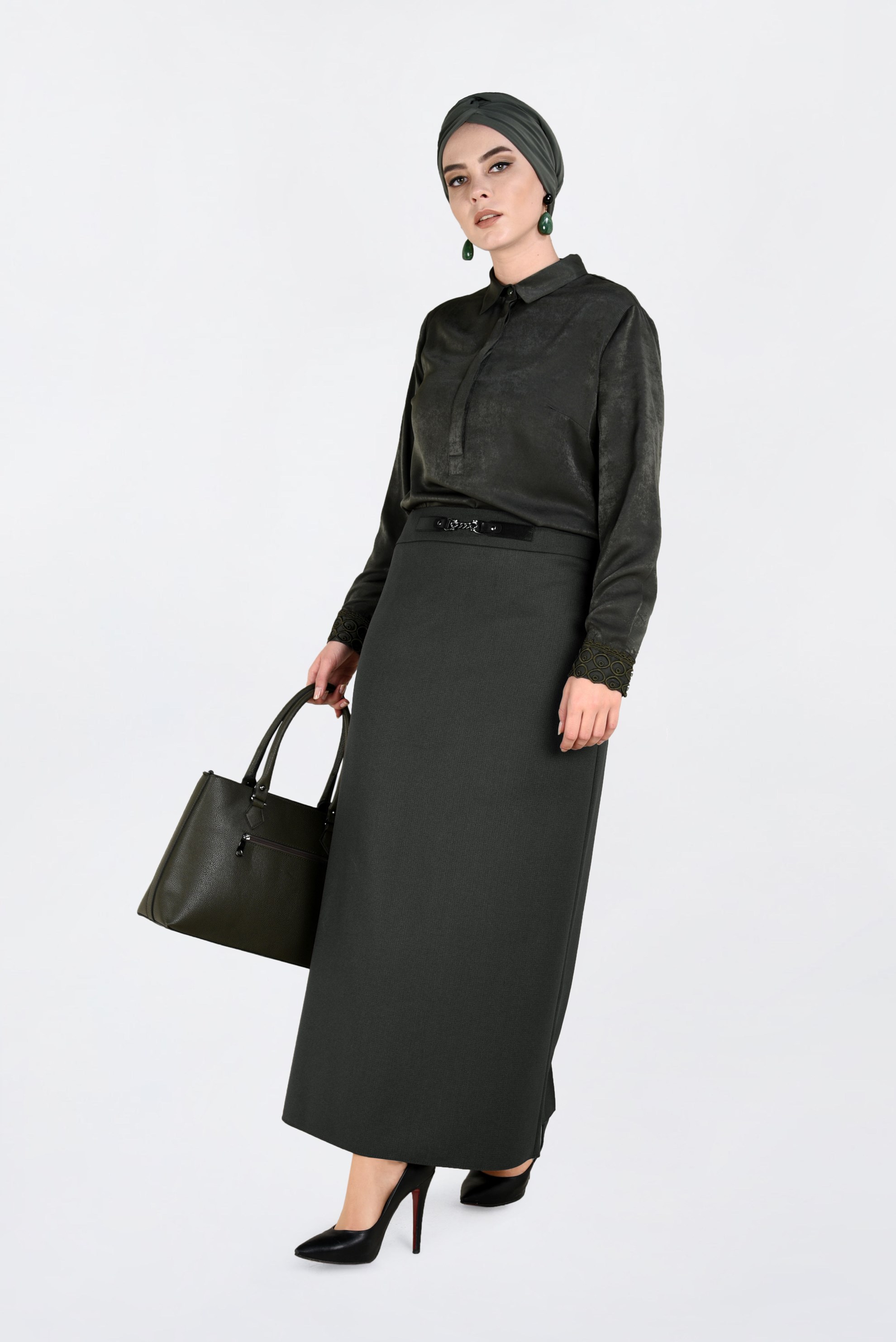 Tesettür giyim HAKİ ZİNCİR DETAYLI GİZLİ YIRTMAÇLI ETEK 6271 