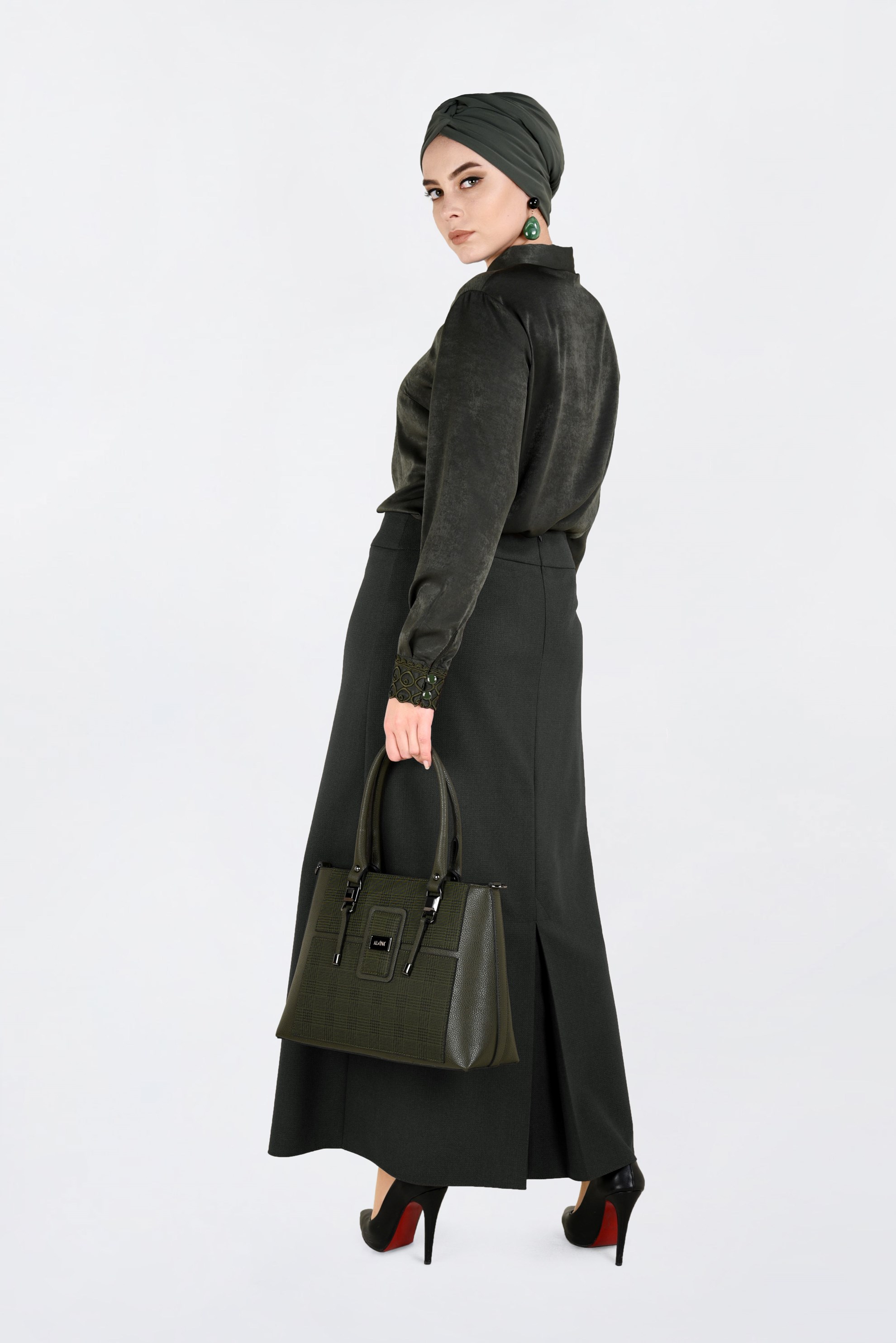 Tesettür giyim HAKİ ZİNCİR DETAYLI GİZLİ YIRTMAÇLI ETEK 6271 