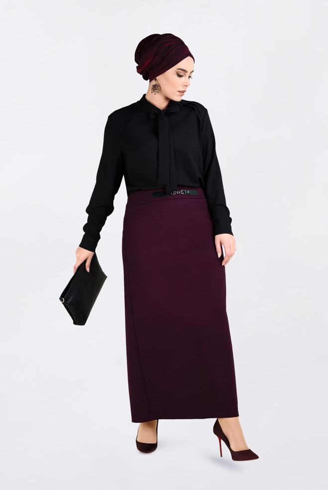 Tesettür giyim MÜRDÜM ZİNCİR DETAYLI GİZLİ YIRTMAÇLI ETEK 6271  - ALVİNA