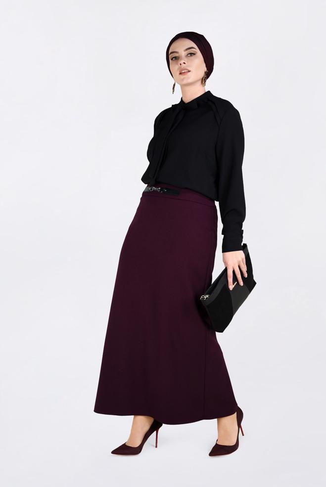 Tesettür giyim MÜRDÜM ZİNCİR DETAYLI GİZLİ YIRTMAÇLI ETEK 6271  - ALVİNA