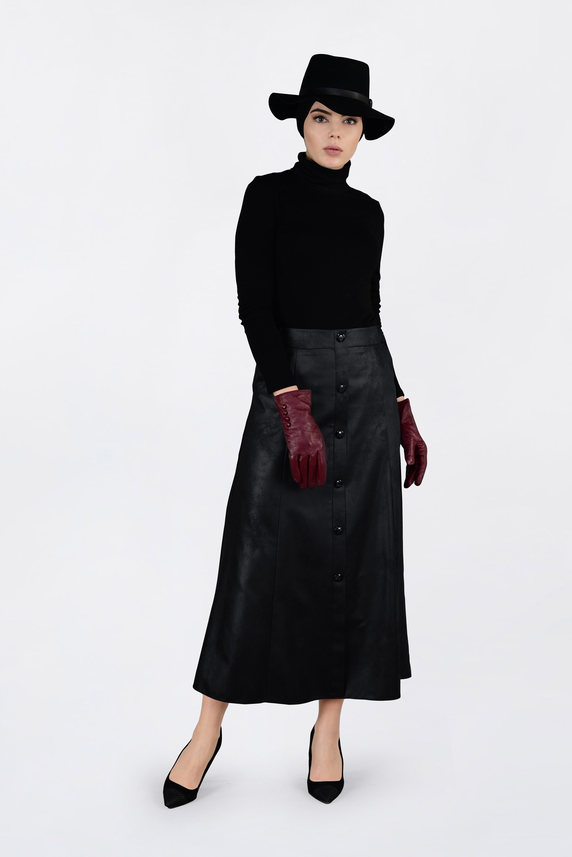 Hijab clothing BLACK BUTTONED LEATHER SKIRT 6272 