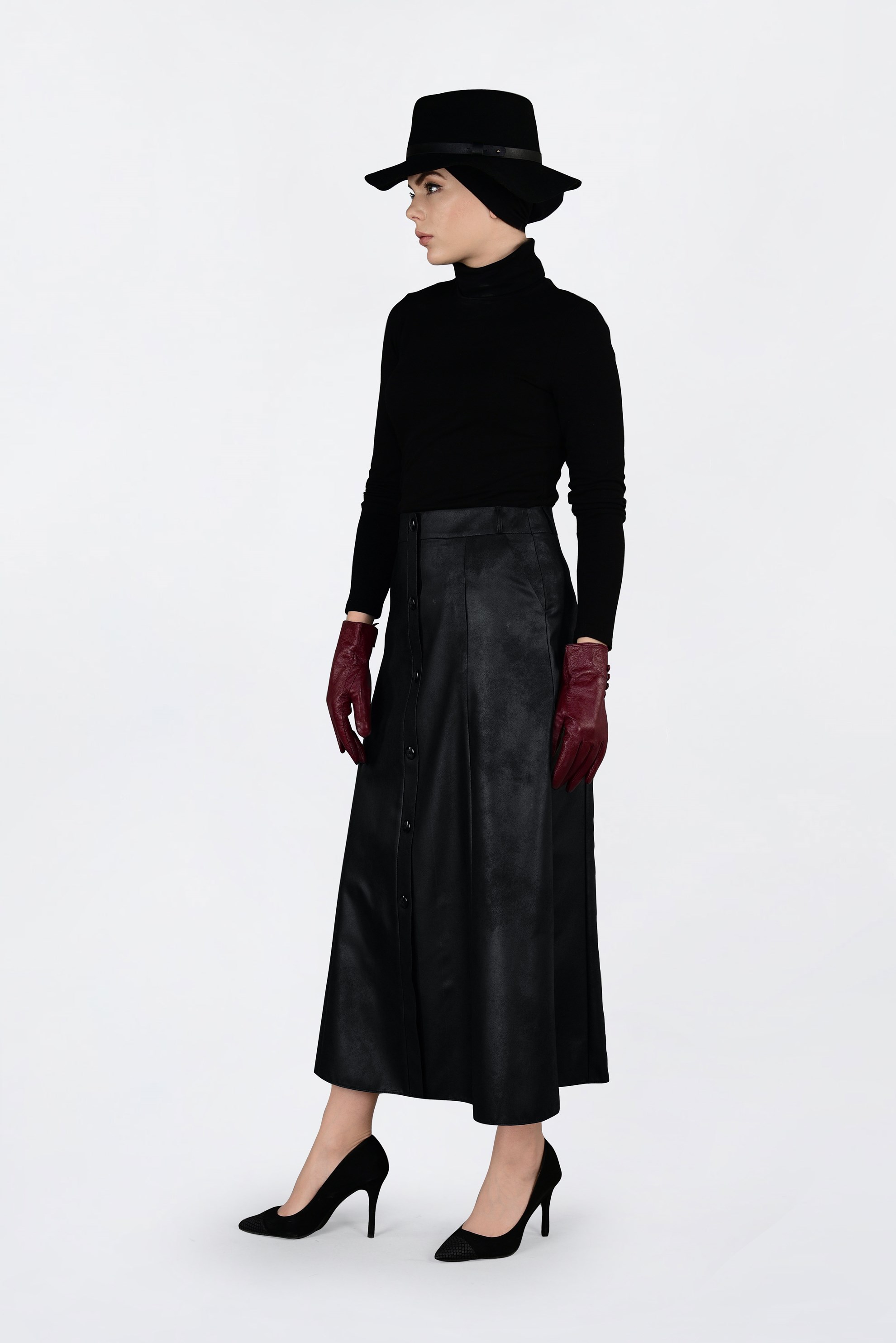 Hijab clothing BLACK BUTTONED LEATHER SKIRT 6272 
