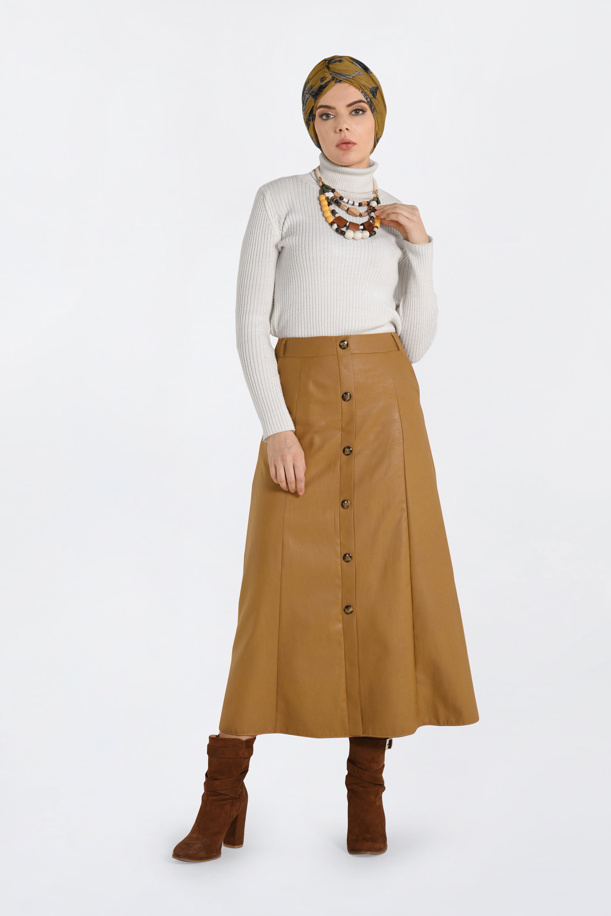 Tesettür giyim SARI DÜĞME DETAYLI DERİ ETEK 6272 