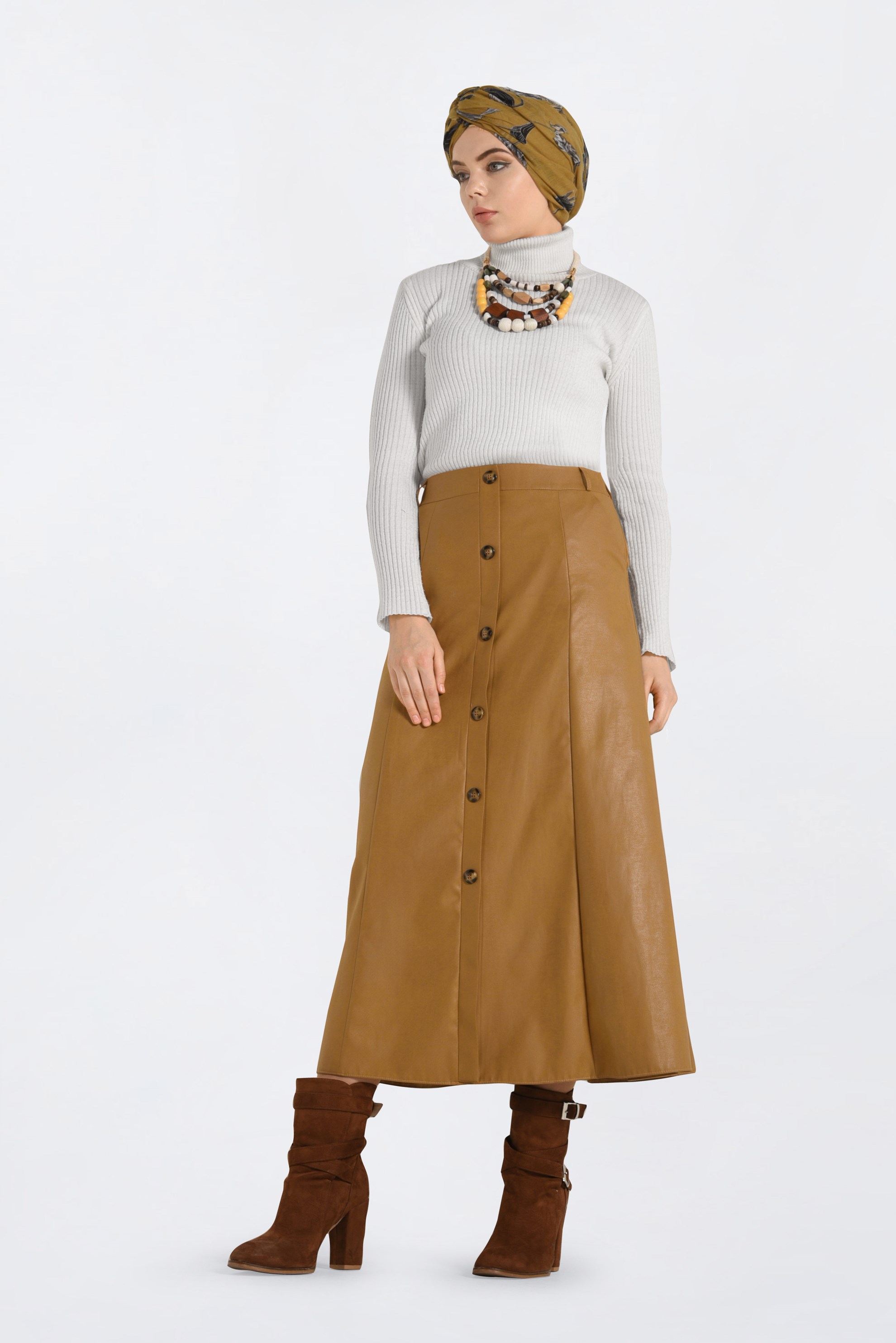 Tesettür giyim SARI DÜĞME DETAYLI DERİ ETEK 6272 