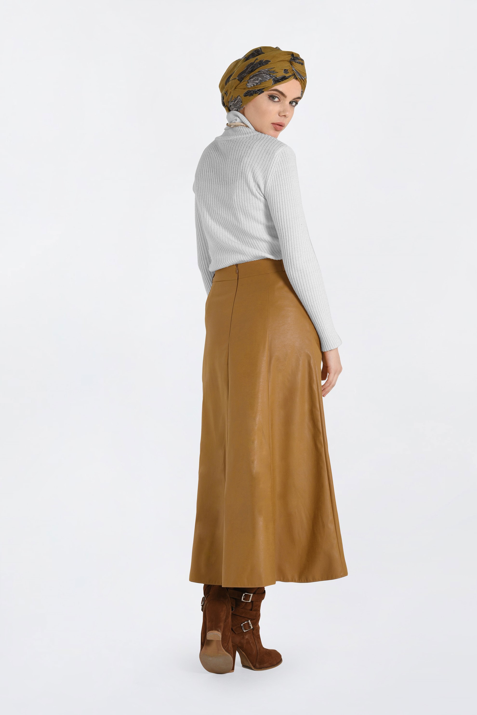 Tesettür giyim SARI DÜĞME DETAYLI DERİ ETEK 6272 