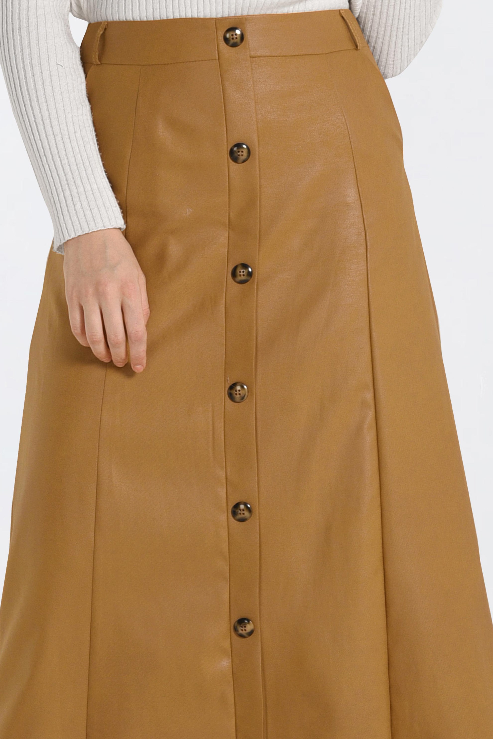 Tesettür giyim SARI DÜĞME DETAYLI DERİ ETEK 6272 