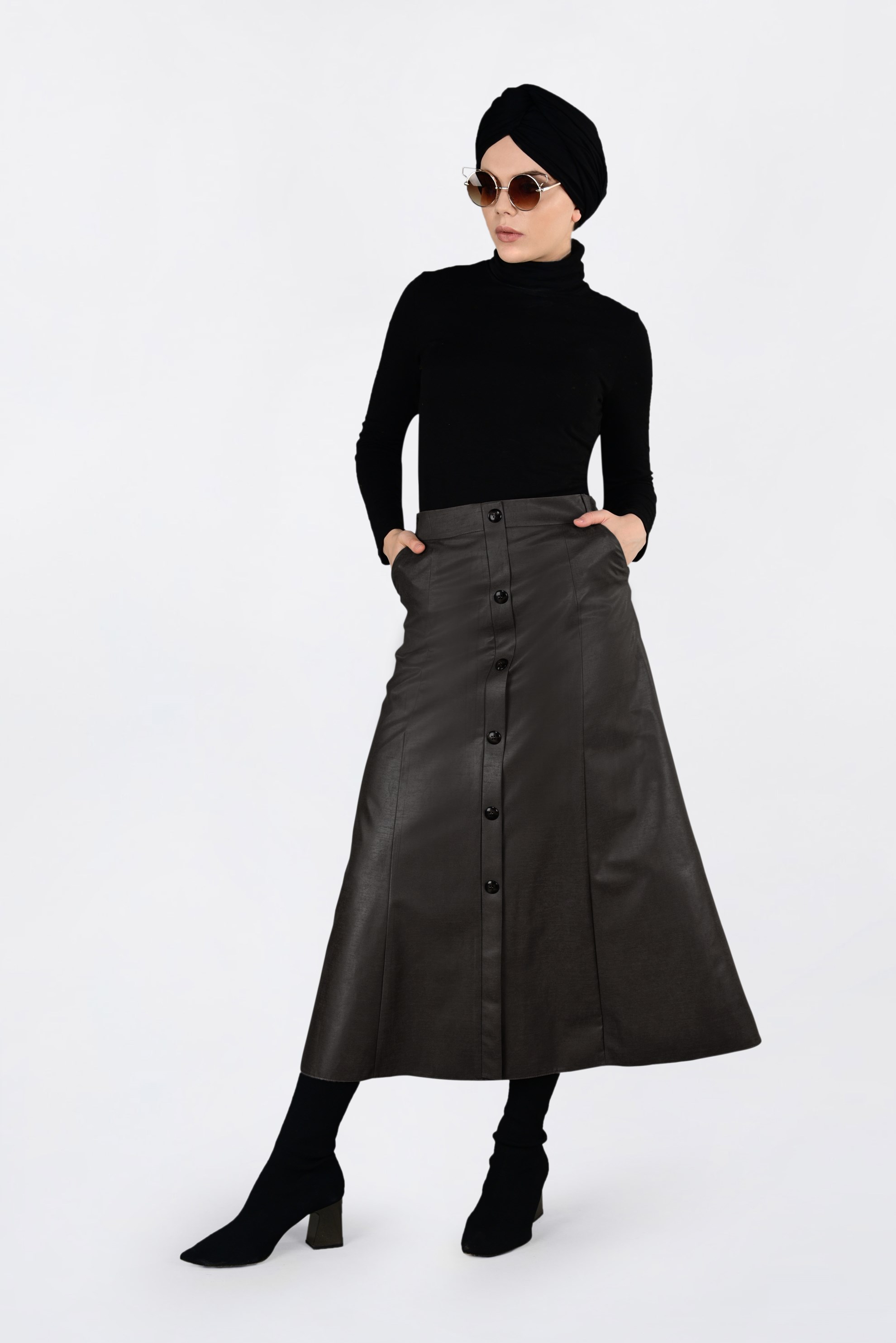 Tesettür giyim KAHVE DÜĞME DETAYLI DERİ ETEK 6272 