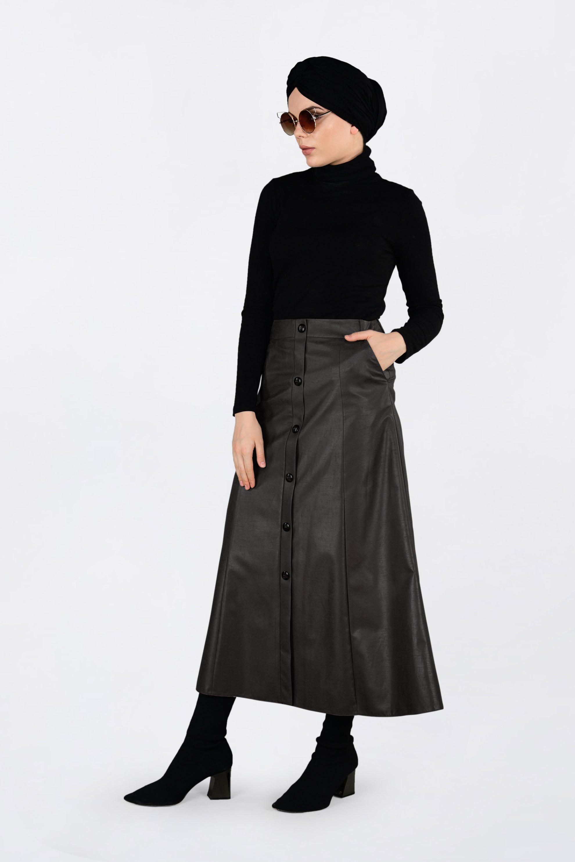 Tesettür giyim KAHVE DÜĞME DETAYLI DERİ ETEK 6272 