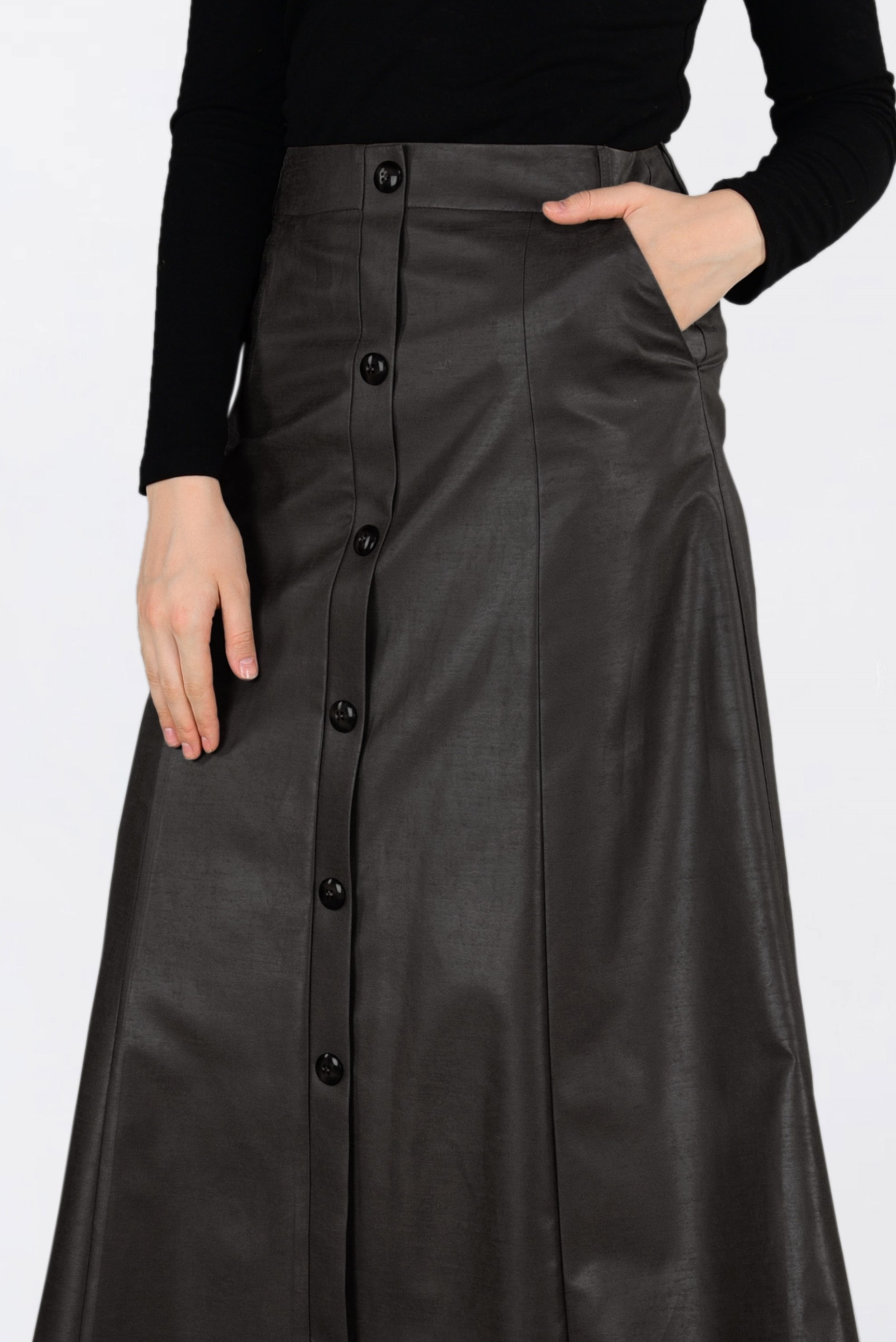 Tesettür giyim KAHVE DÜĞME DETAYLI DERİ ETEK 6272 