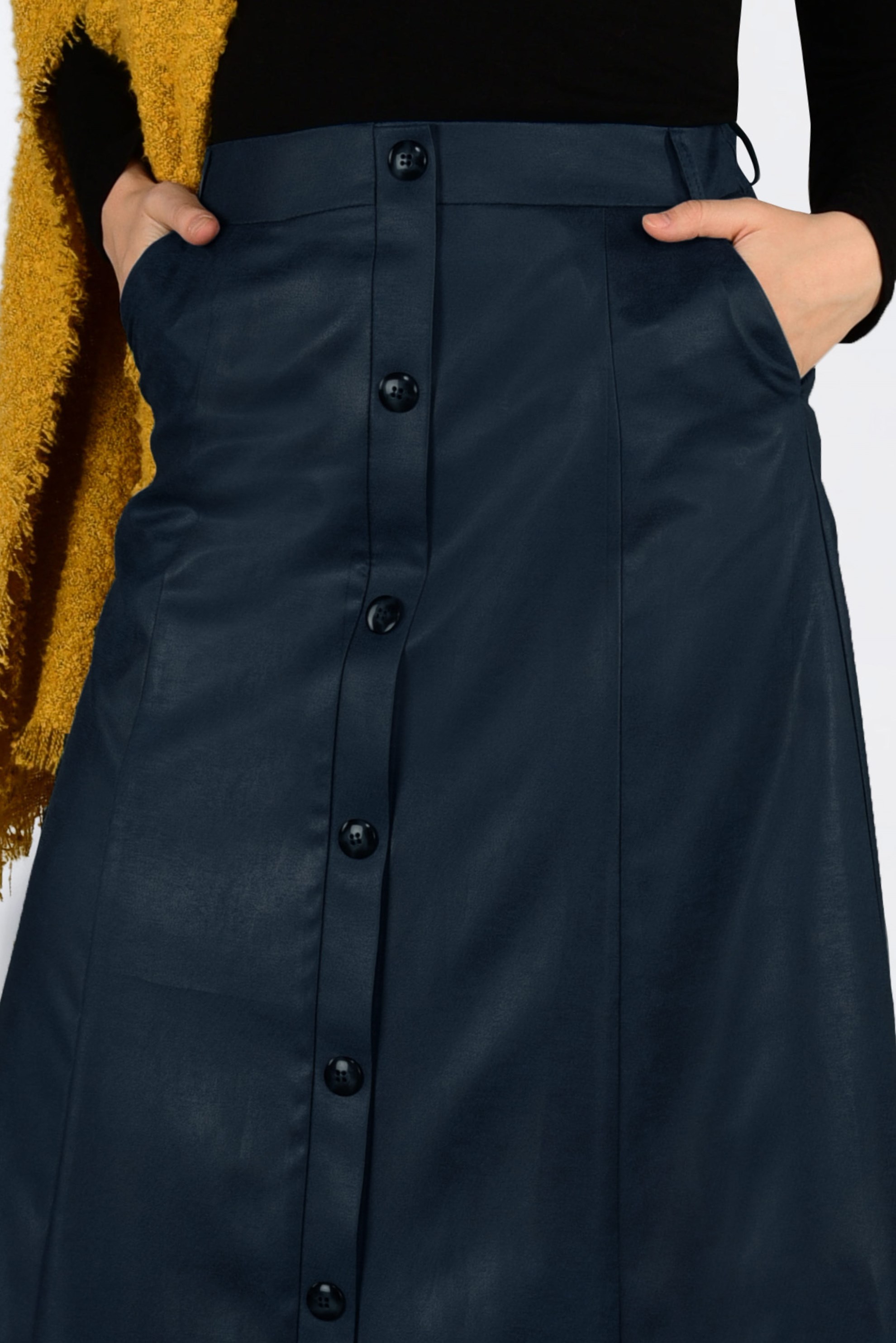 Tesettür giyim LACİVERT DÜĞME DETAYLI DERİ ETEK 6272 