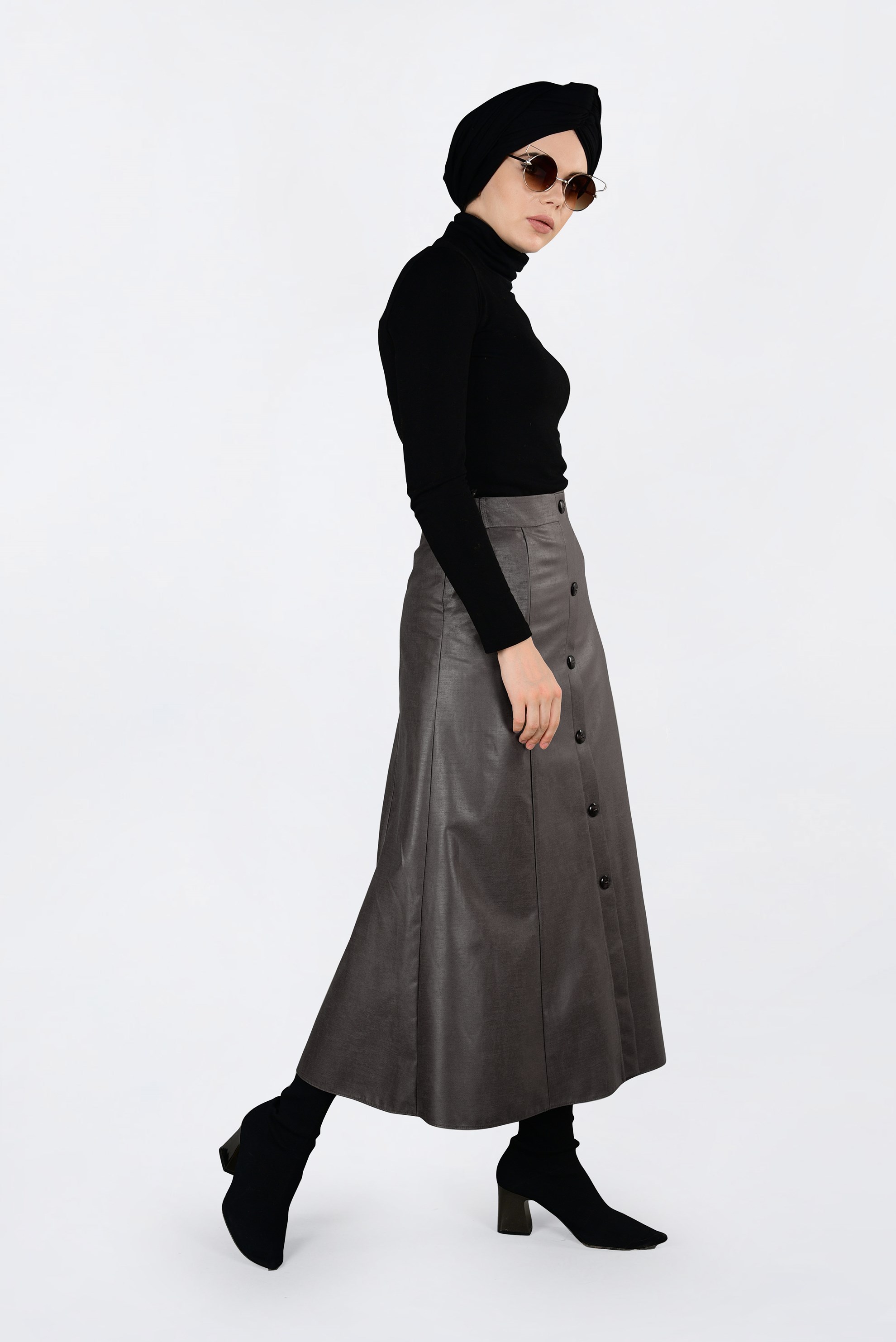 Tesettür giyim VİZON DÜĞME DETAYLI DERİ ETEK 6272 