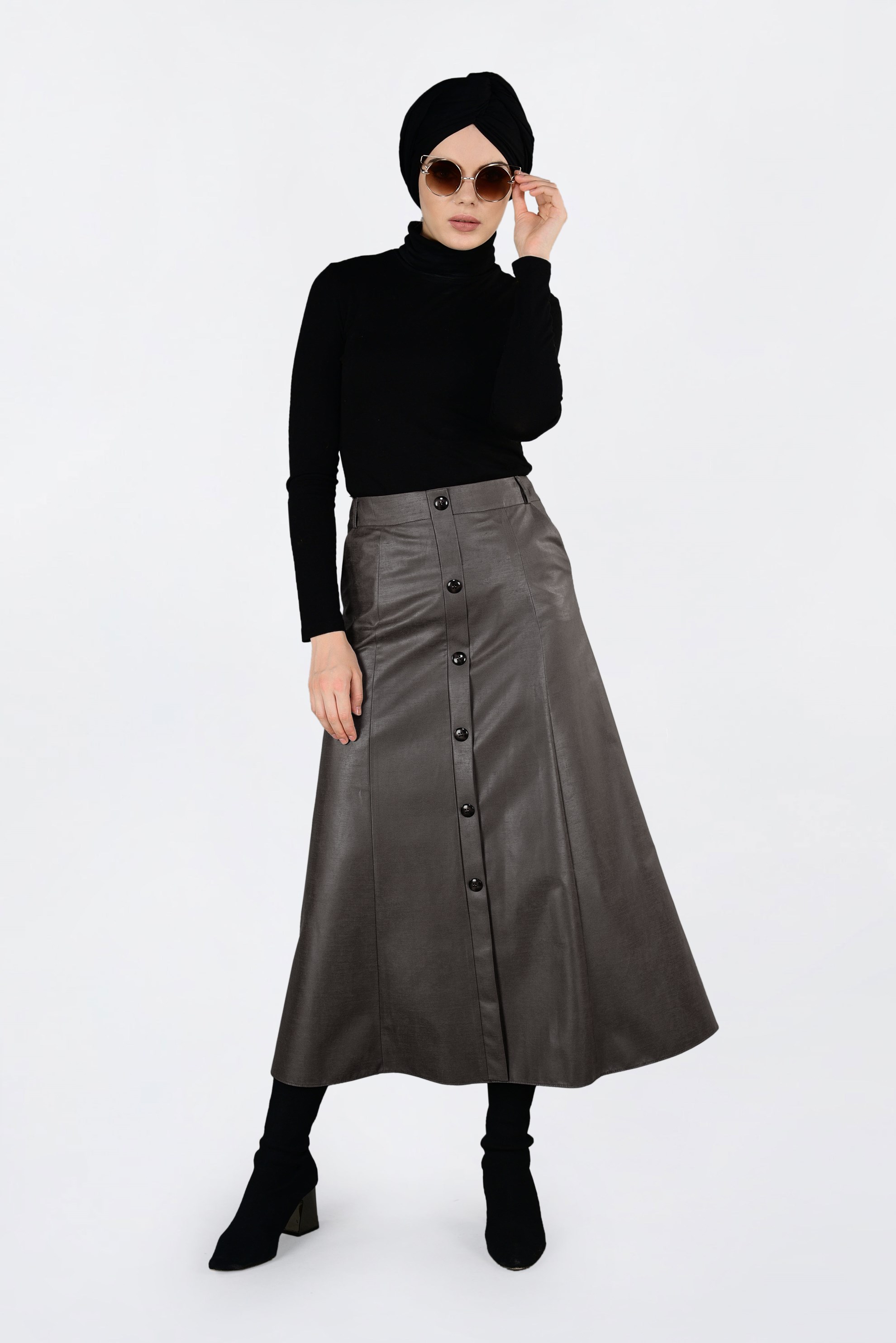 Tesettür giyim VİZON DÜĞME DETAYLI DERİ ETEK 6272 