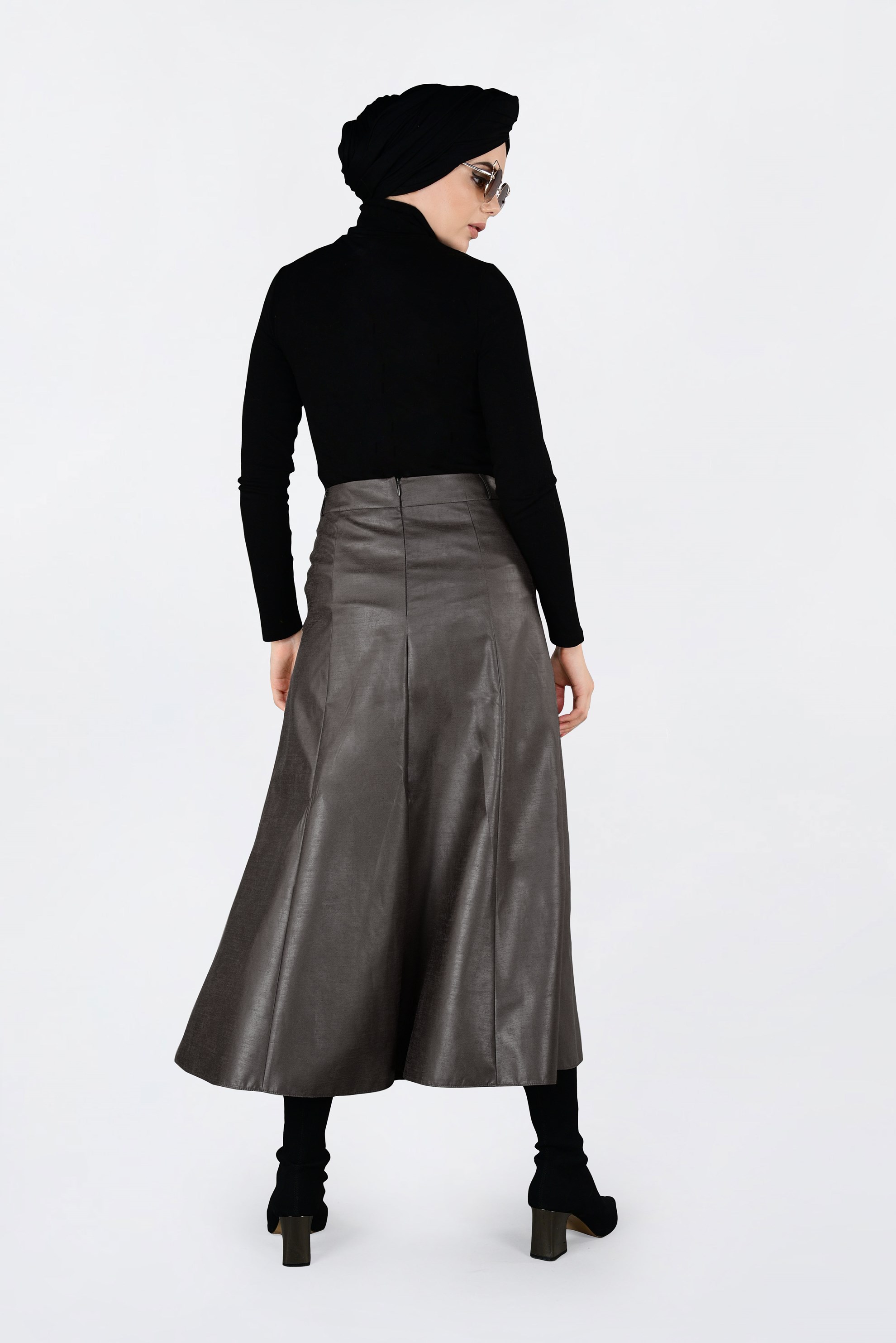 Tesettür giyim VİZON DÜĞME DETAYLI DERİ ETEK 6272 