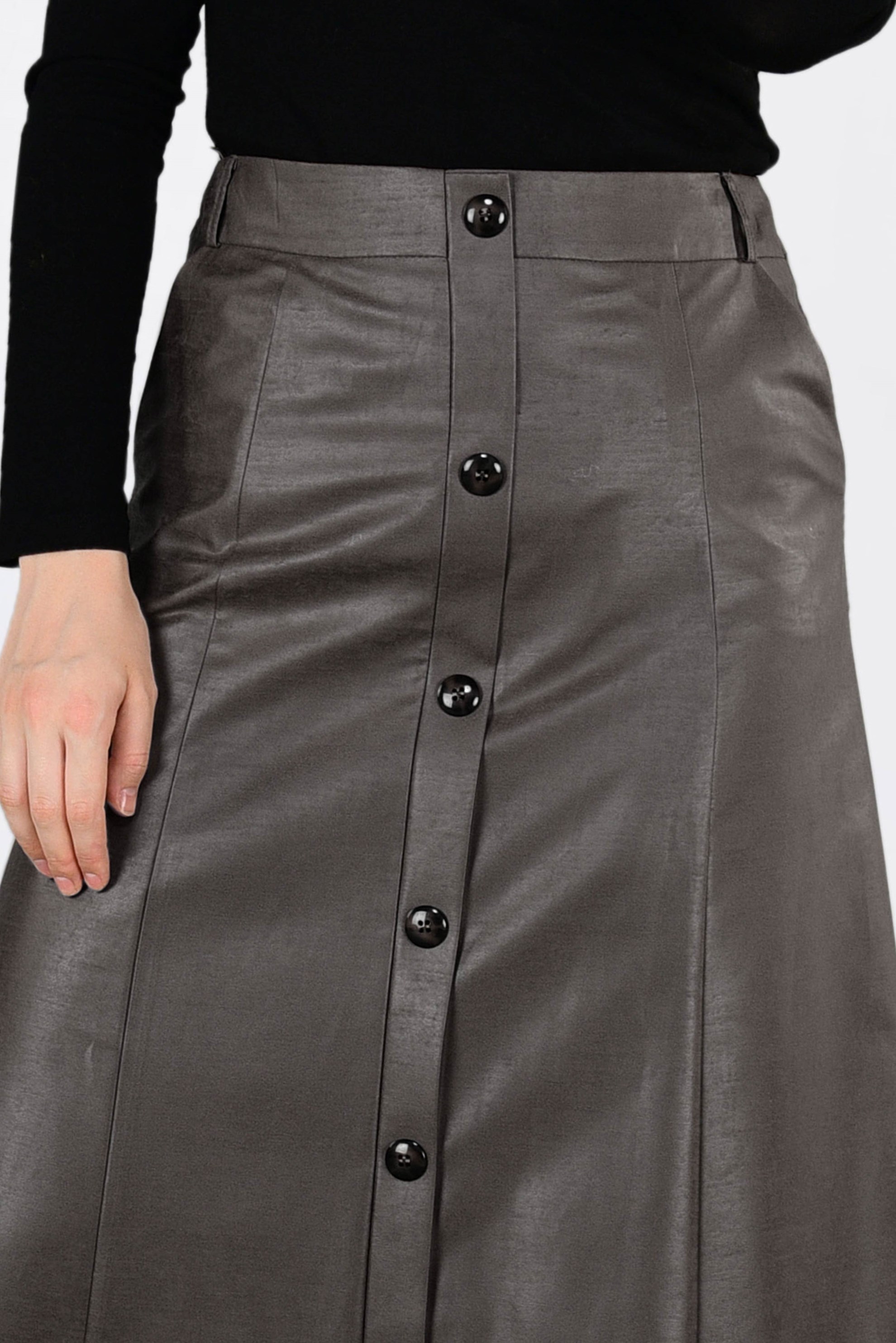 Tesettür giyim VİZON DÜĞME DETAYLI DERİ ETEK 6272 