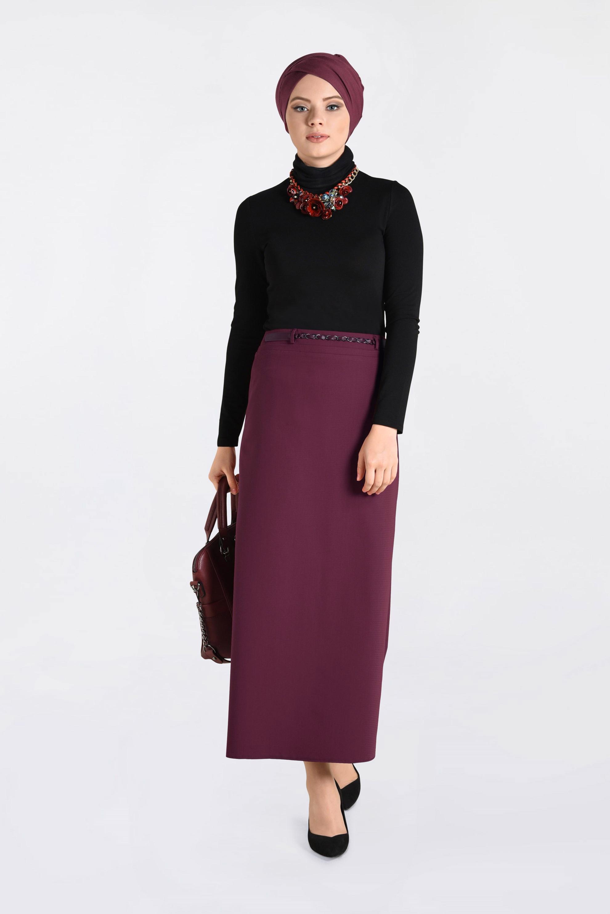 Tesettür giyim BORDO ZİNCİR DETAYLI KALEM ETEK 6273