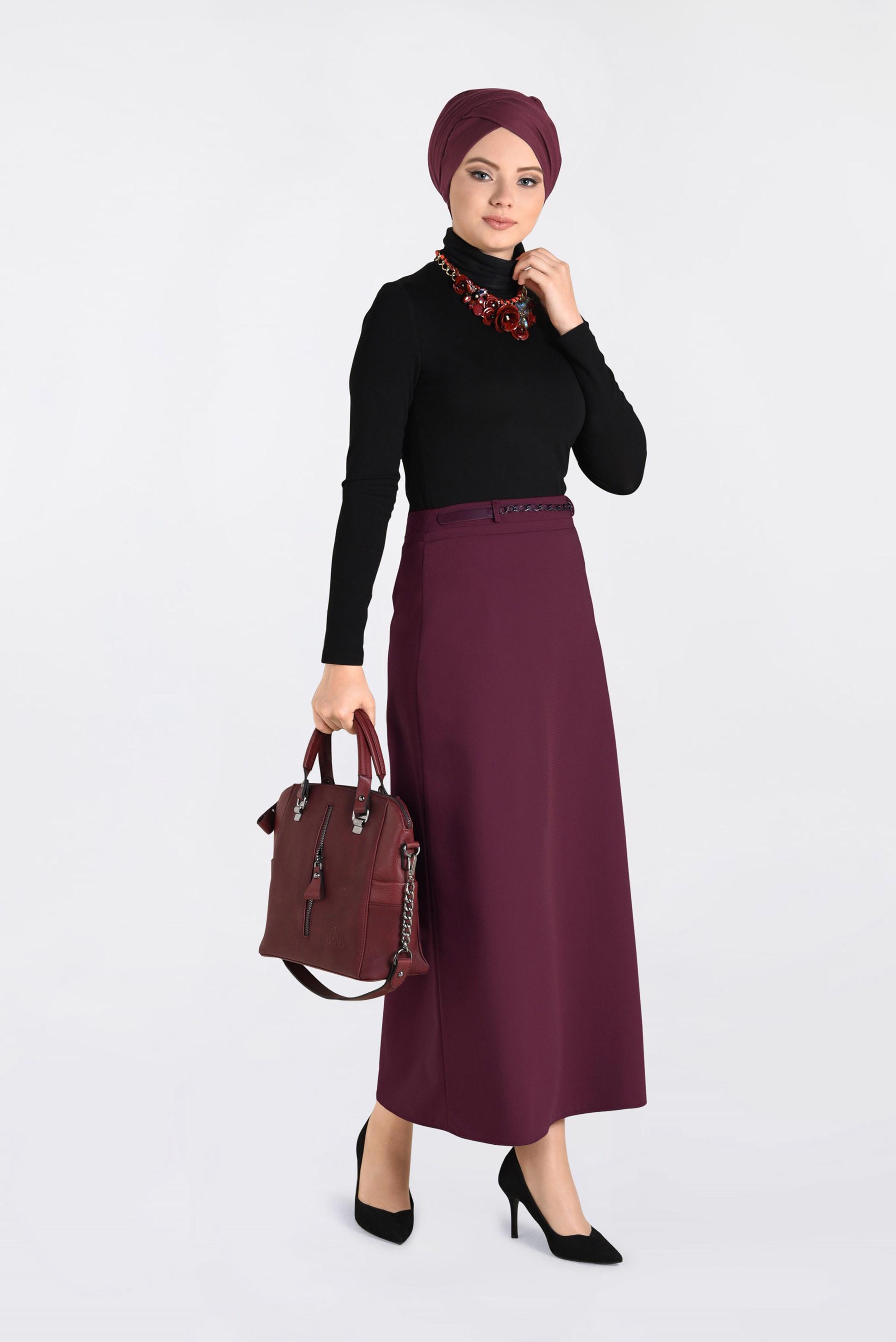 Tesettür giyim BORDO ZİNCİR DETAYLI KALEM ETEK 6273