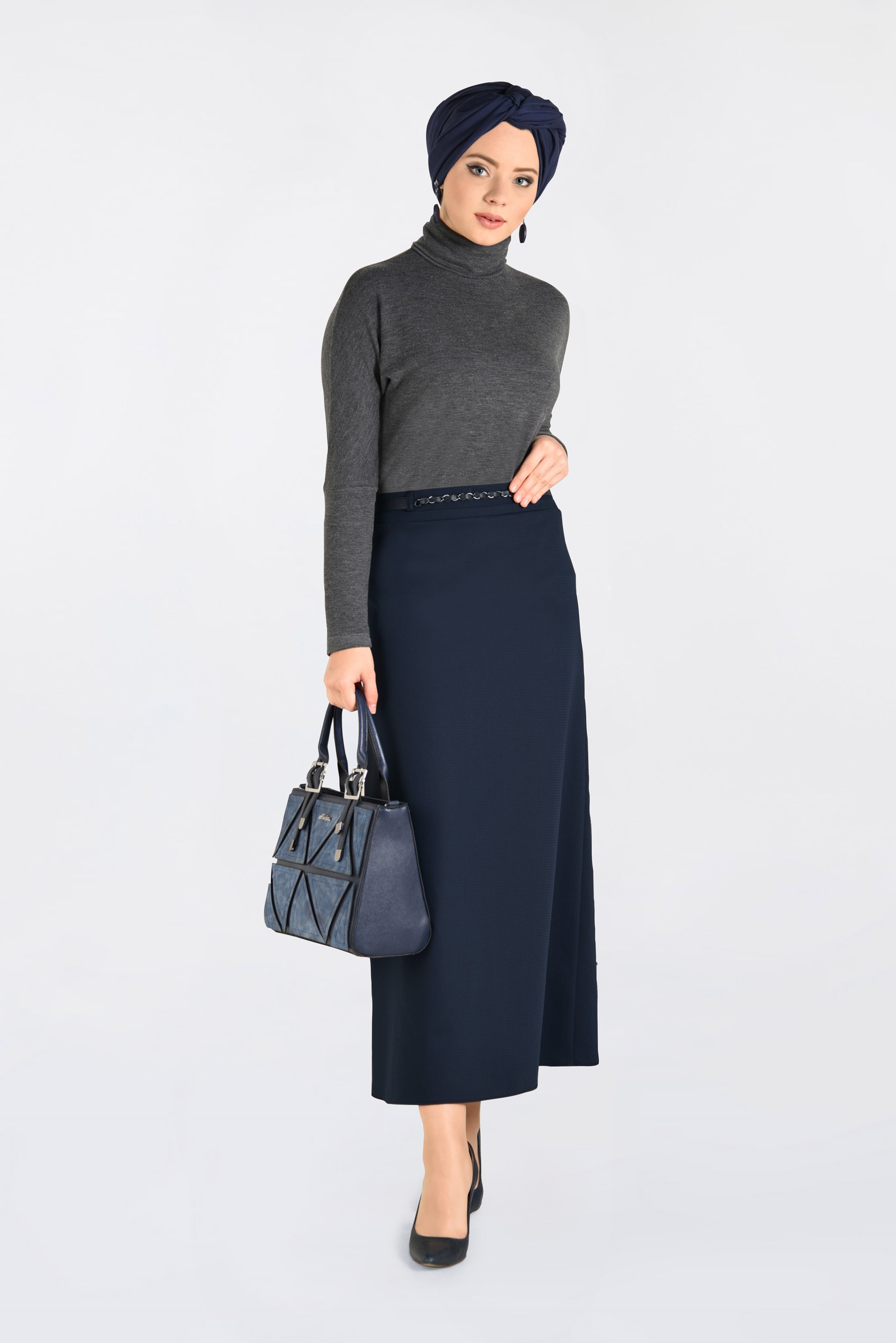 Tesettür giyim LACİVERT ZİNCİR DETAYLI KALEM ETEK 6273