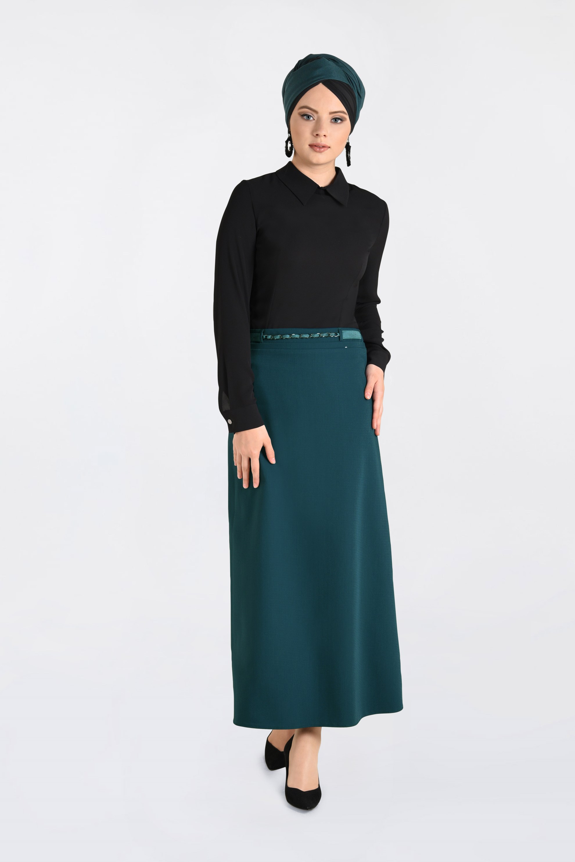 Tesettür giyim MAVİ ZİNCİR DETAYLI KALEM ETEK 6273