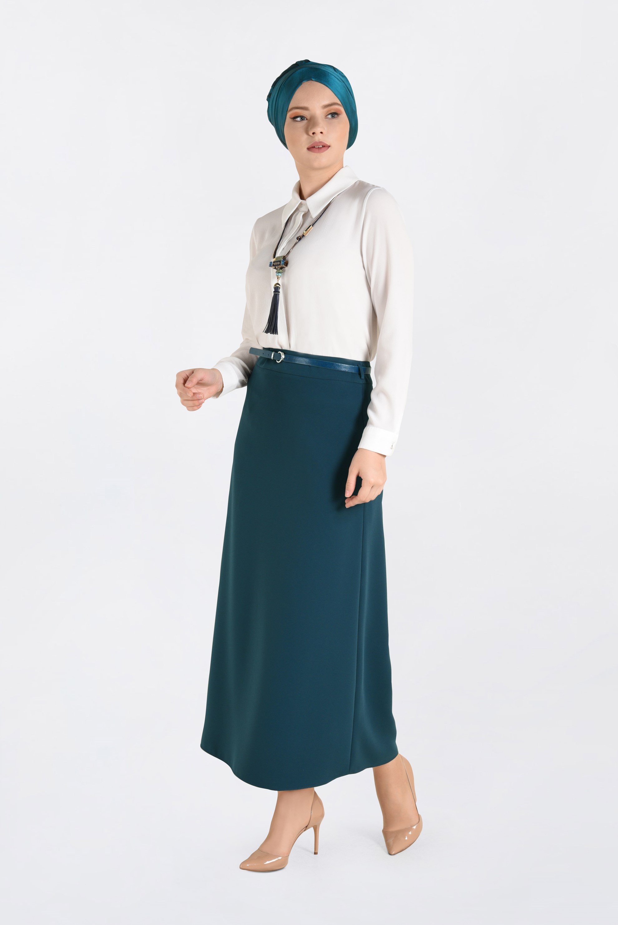 Tesettür giyim MAVİ KEMERLİ KLASİK ETEK 6274