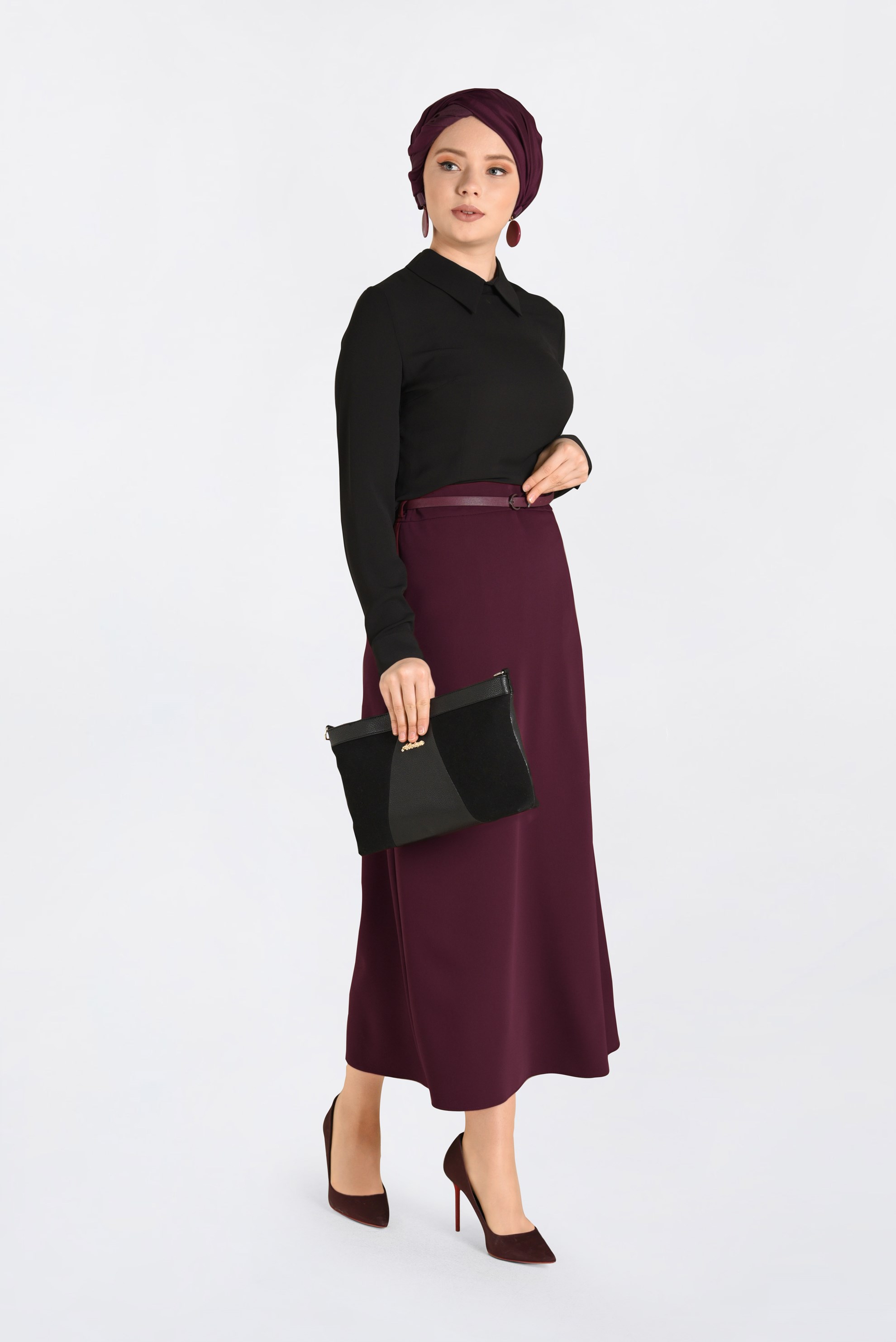 Tesettür giyim BORDO KEMERLİ KLASİK ETEK 6274