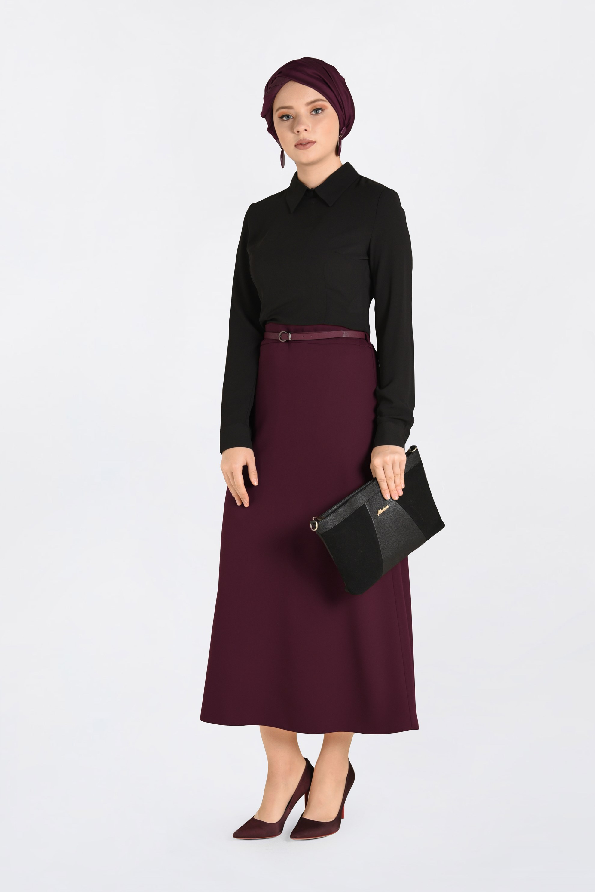 Tesettür giyim BORDO KEMERLİ KLASİK ETEK 6274