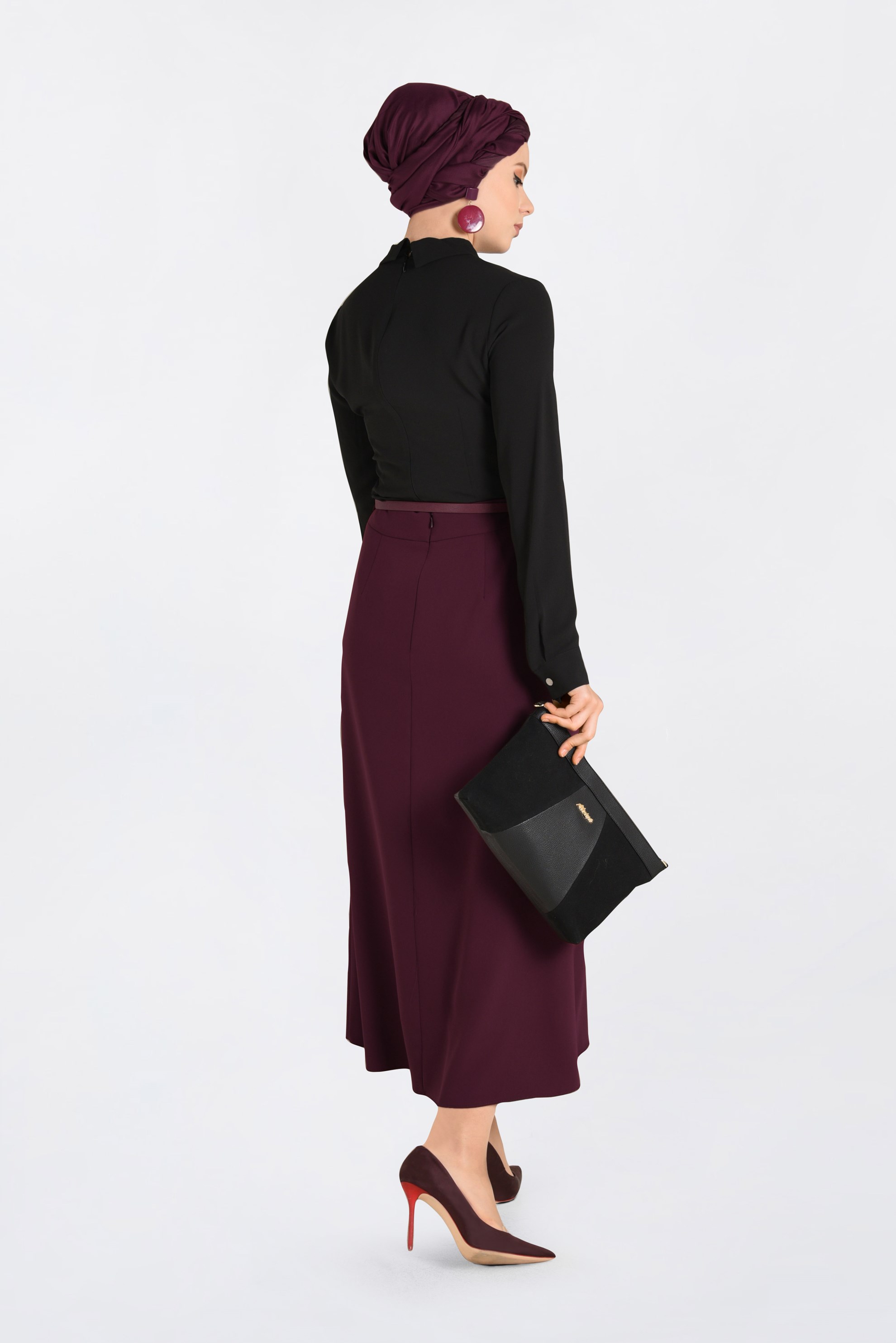 Tesettür giyim BORDO KEMERLİ KLASİK ETEK 6274