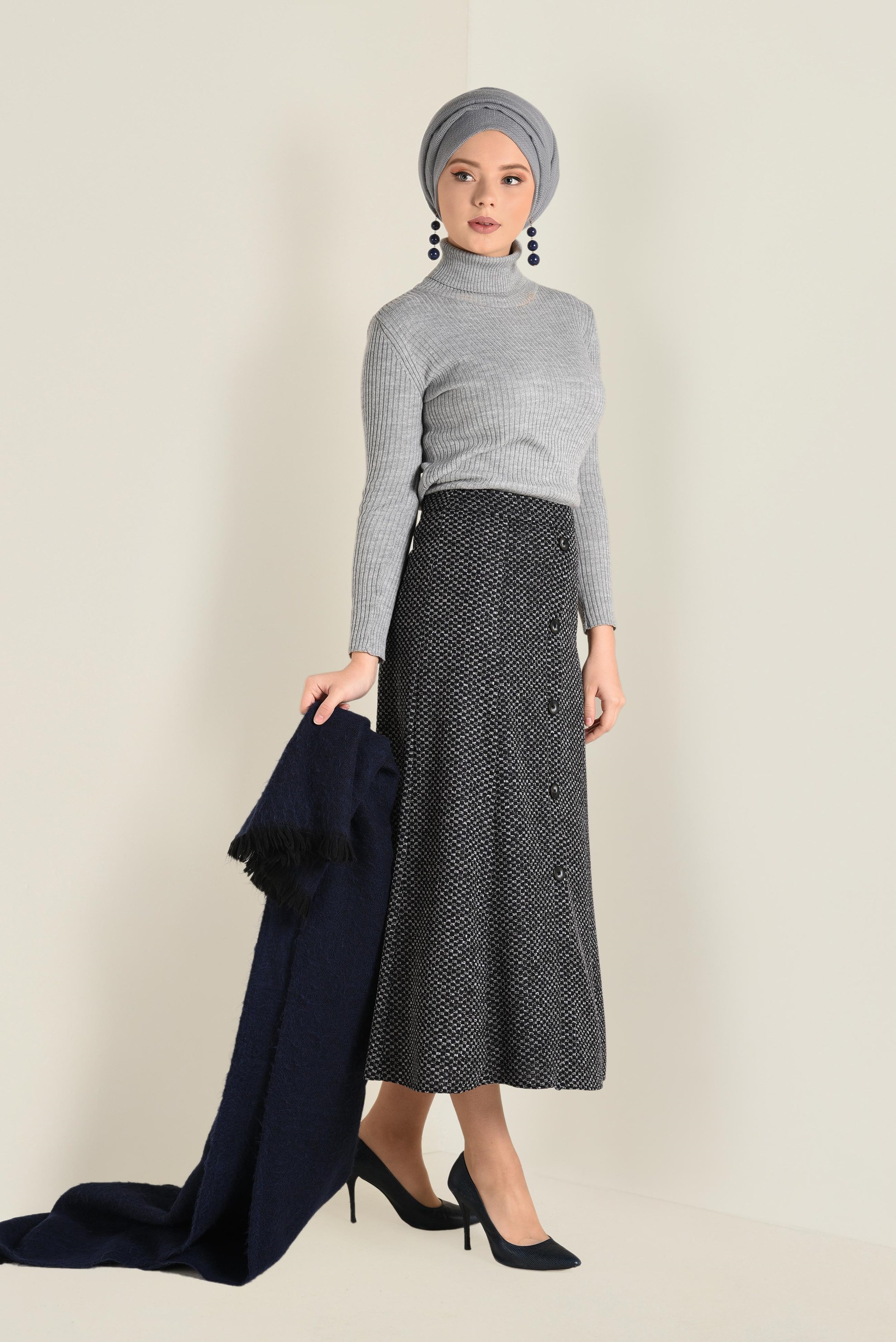 Tesettür giyim LACİVERT ÖNDEN DÜĞMELİ VOLANLI ETEK 6276