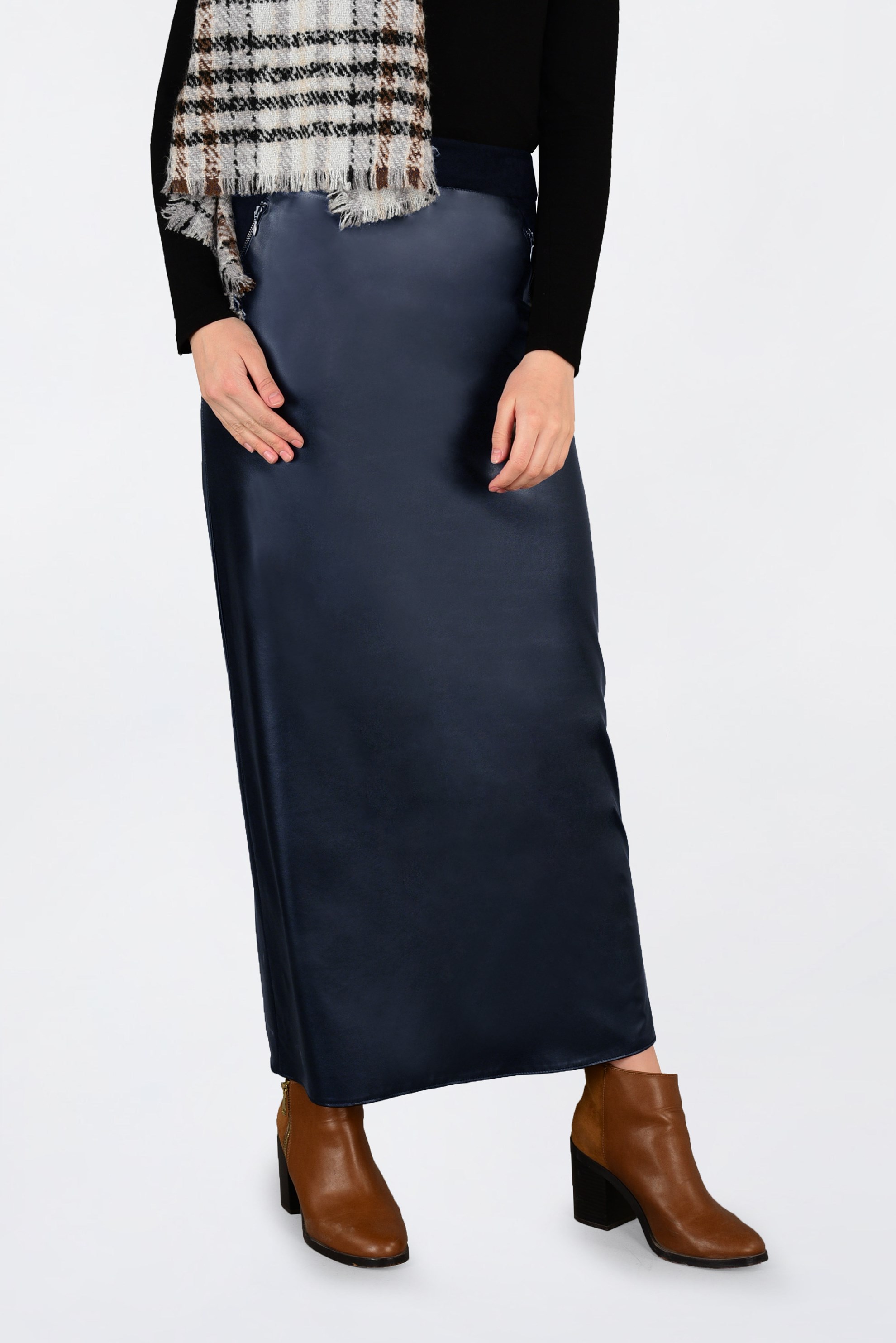 Tesettür giyim LACİVERT FERMUARLI DERİ ETEK 6279