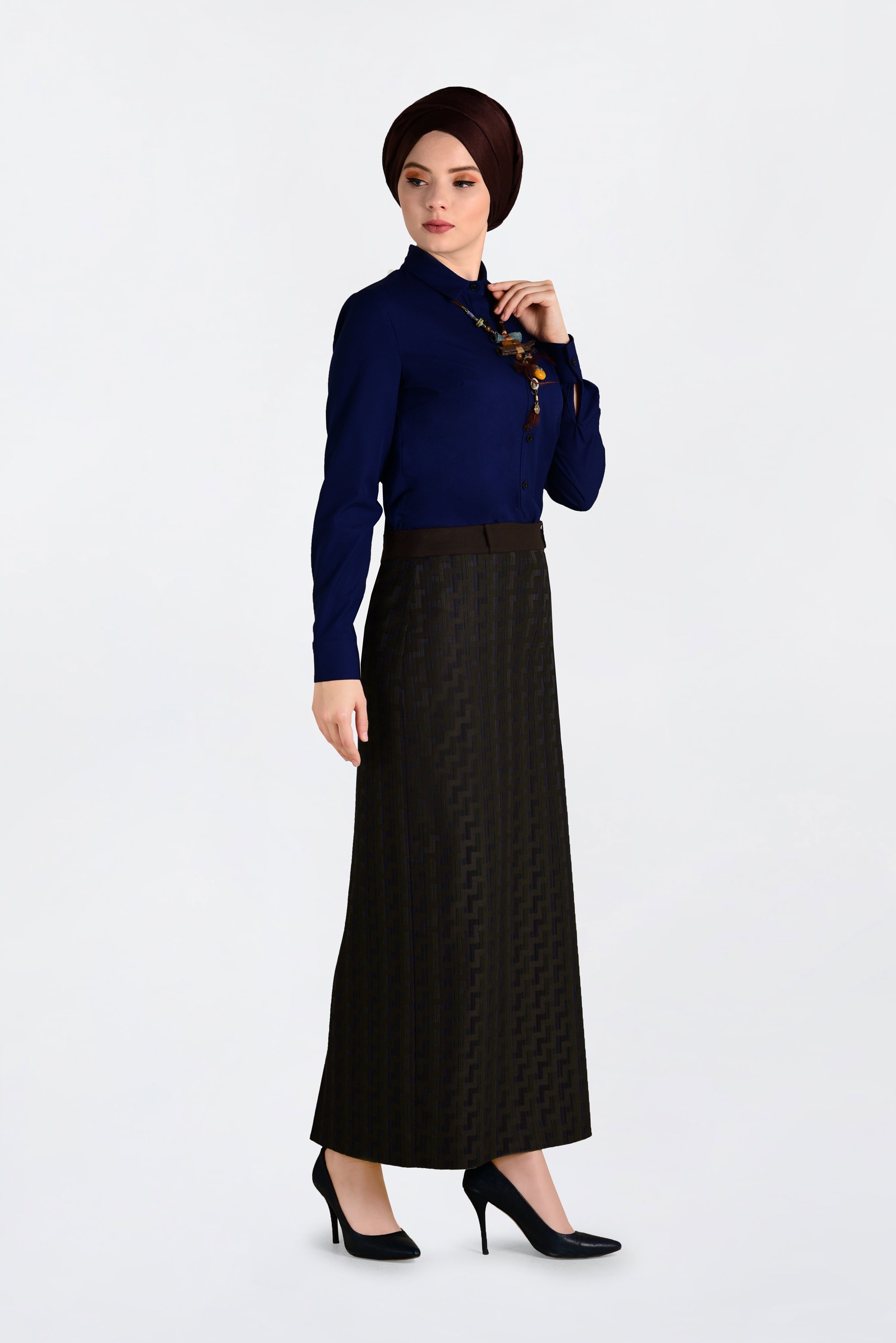 Tesettür giyim KAHVE DESENLİ KALEM ETEK 6280