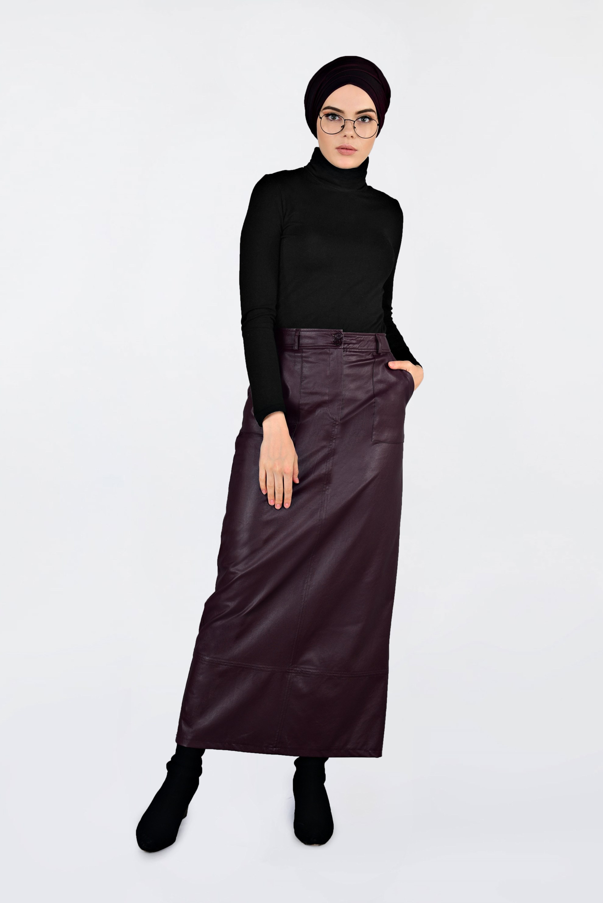 Tesettür giyim BORDO CEPLİ SUNİ DERİ ETEK 6281