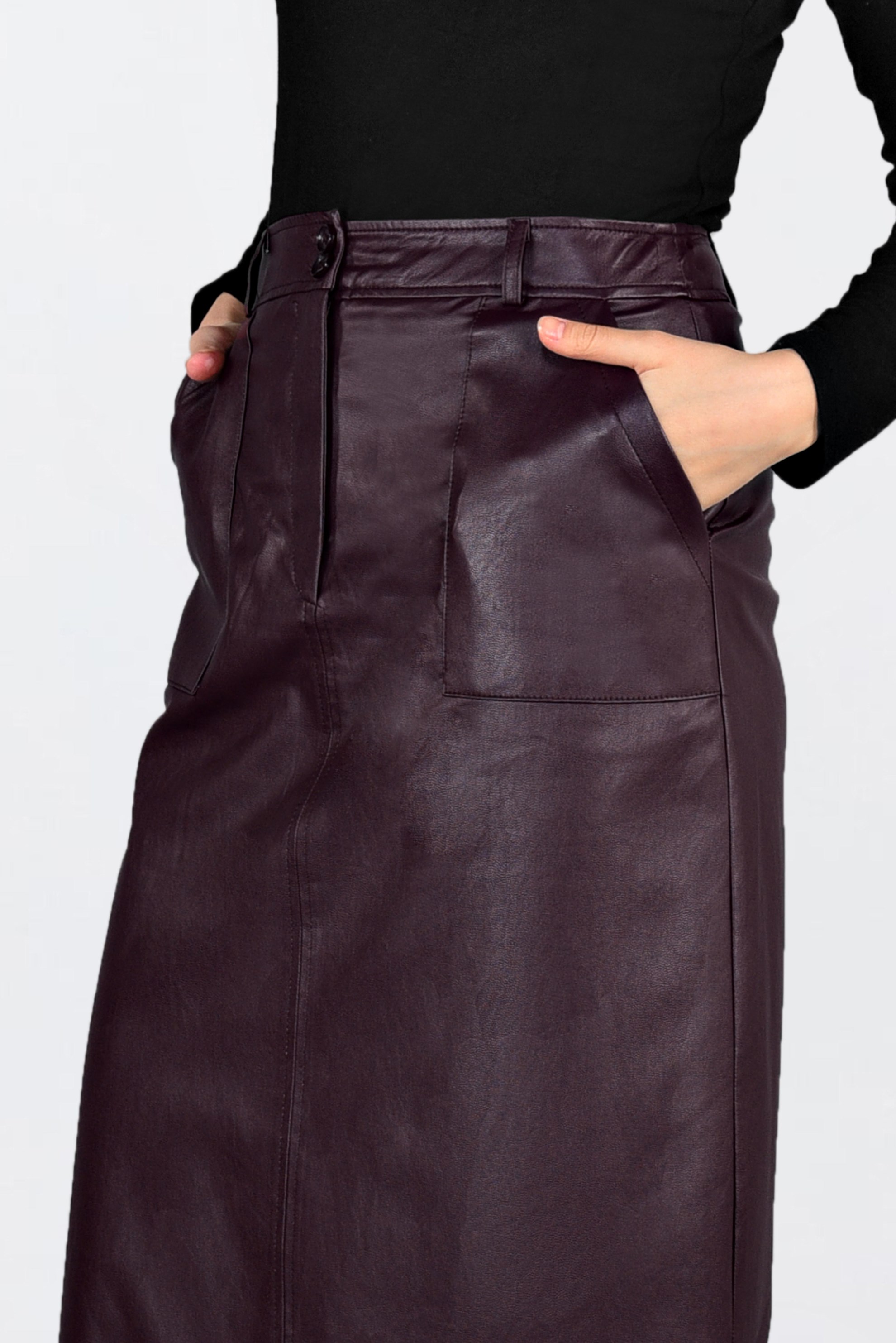 Tesettür giyim BORDO CEPLİ SUNİ DERİ ETEK 6281