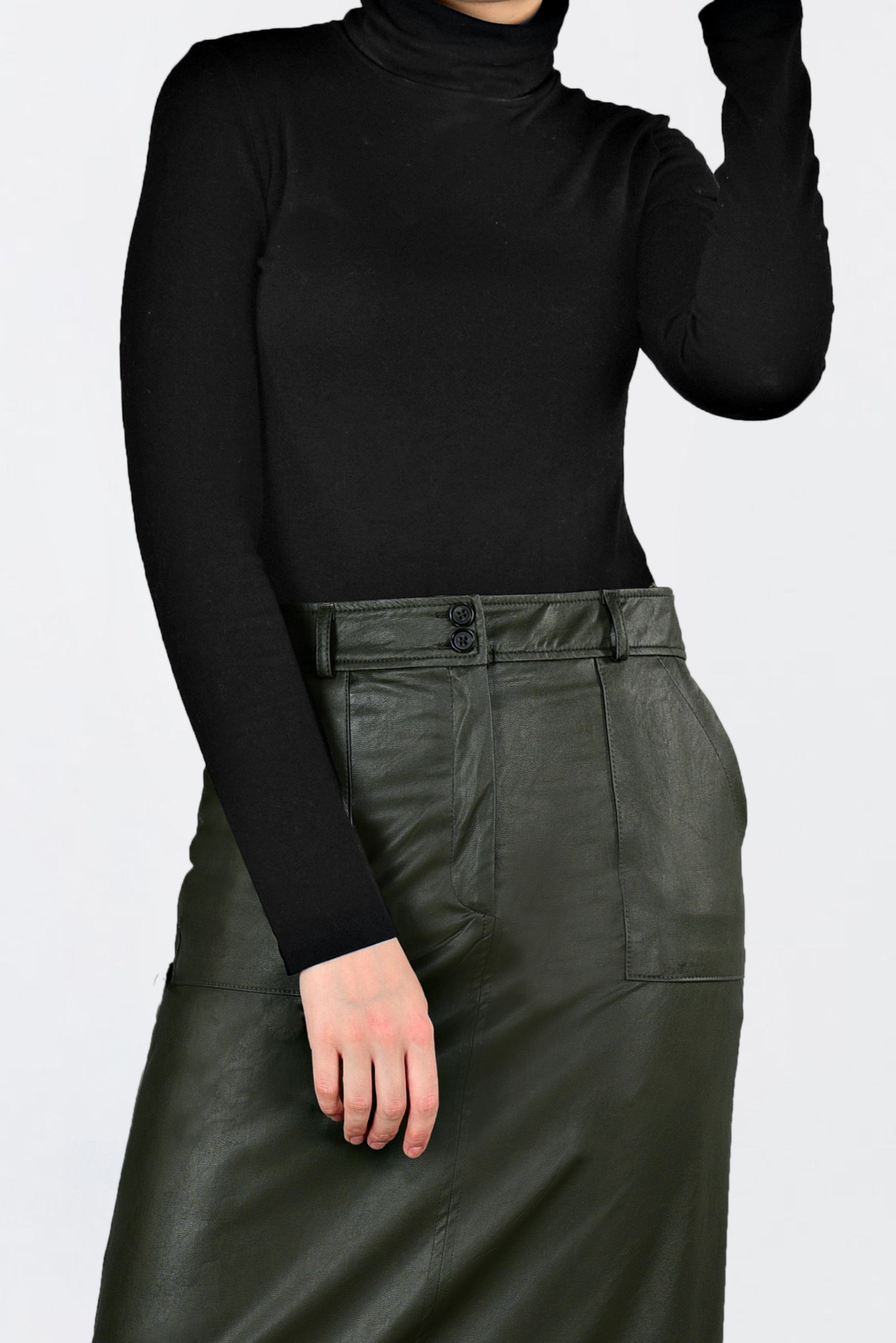 Tesettür giyim HAKİ CEPLİ SUNİ DERİ ETEK 6281