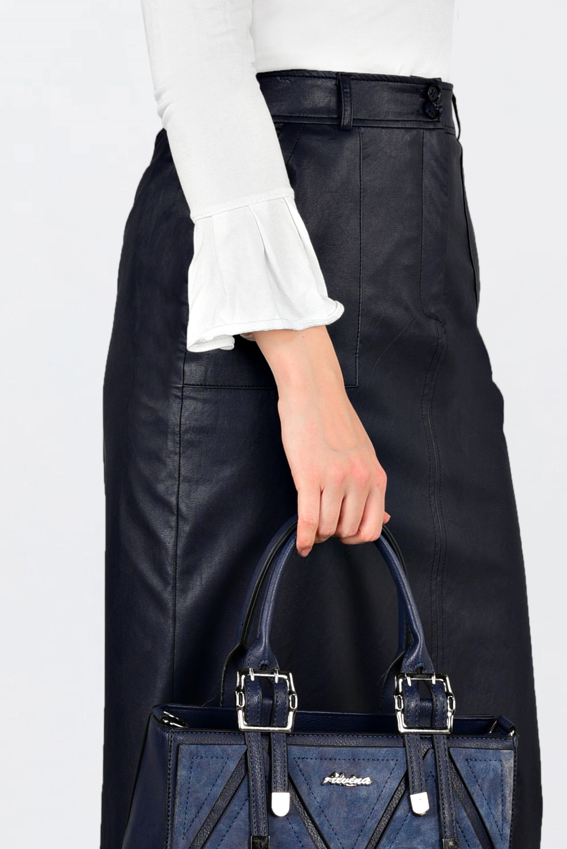 Tesettür giyim LACİVERT CEPLİ SUNİ DERİ ETEK 6281