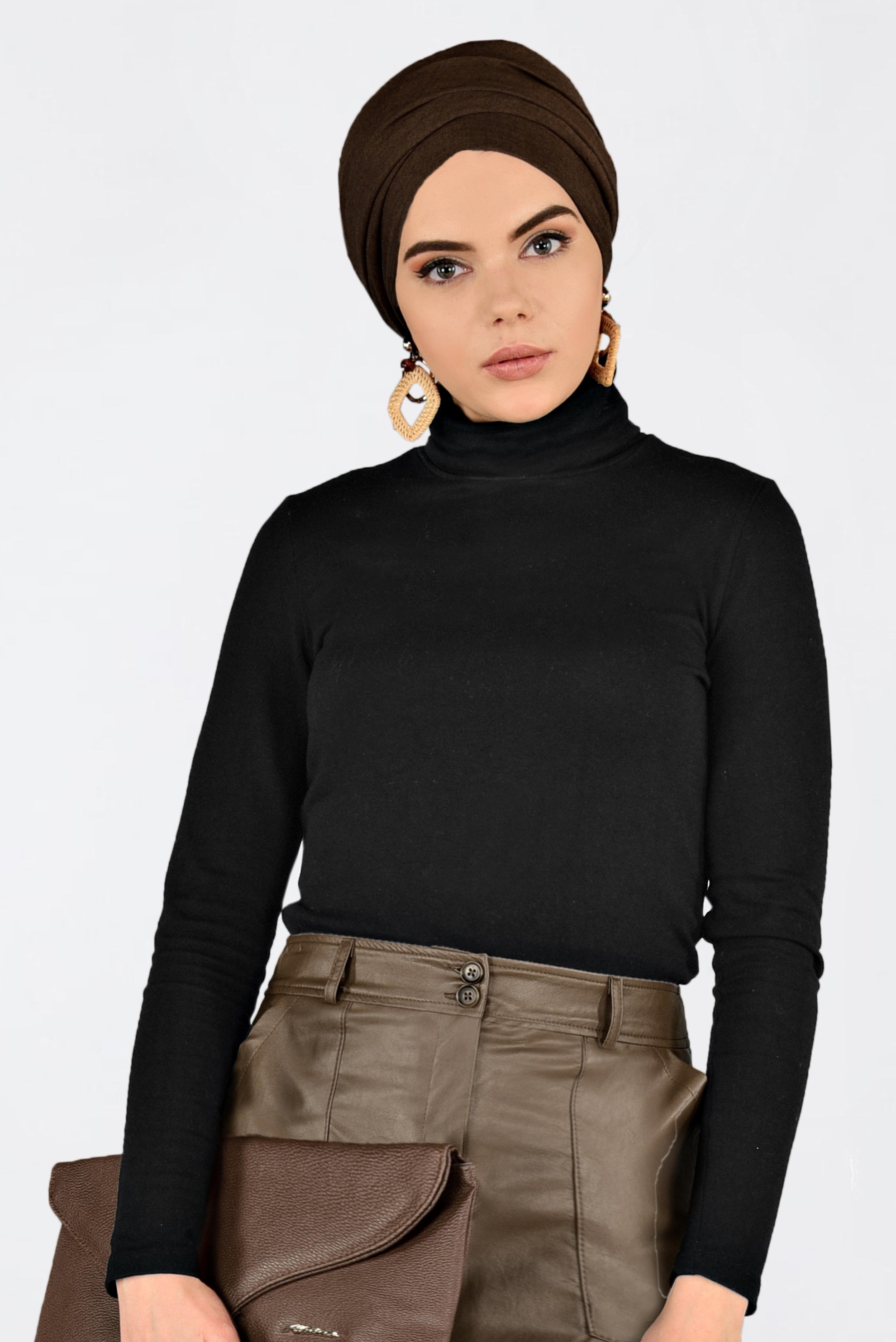 Tesettür giyim KAHVE CEPLİ SUNİ DERİ ETEK 6281