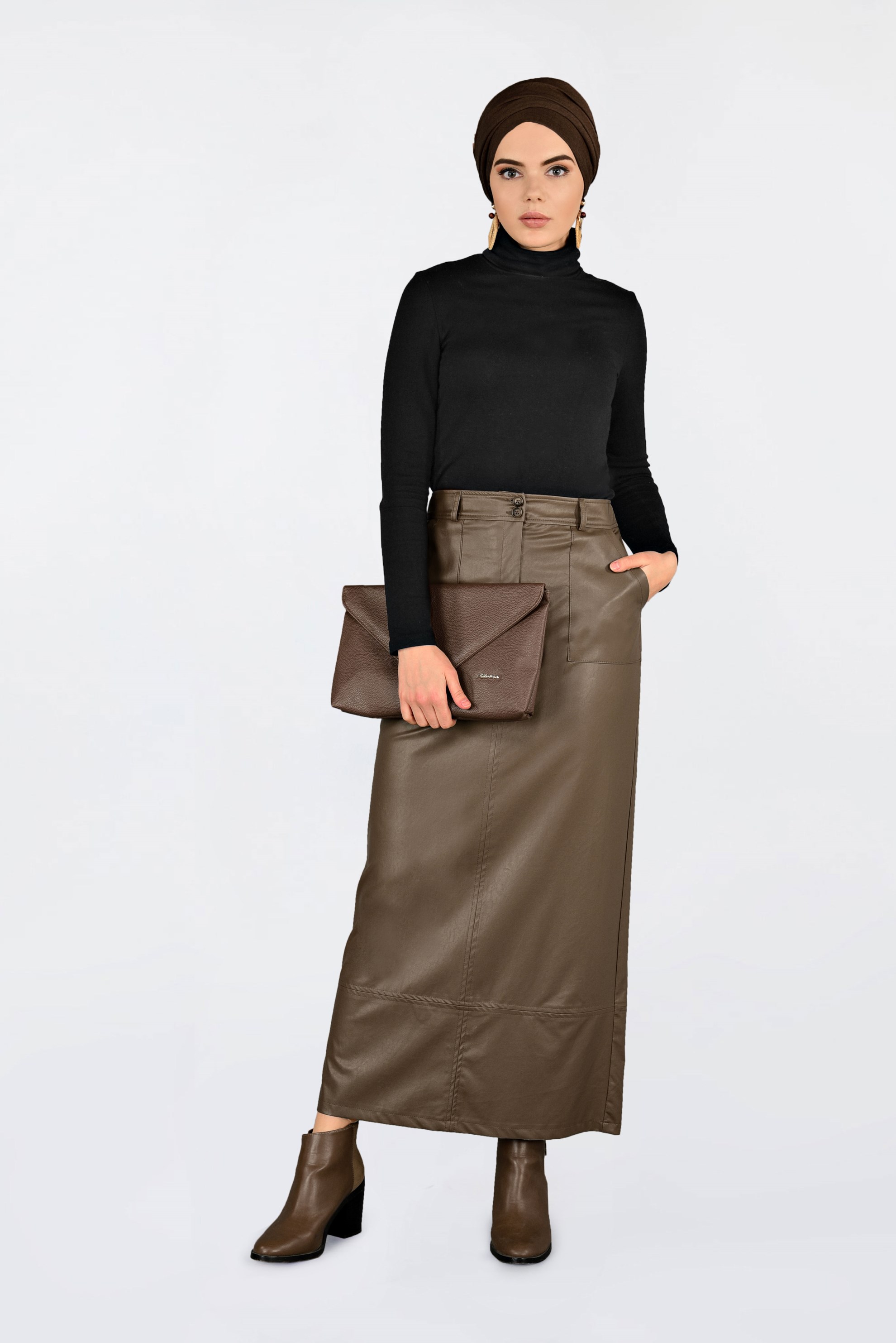 Tesettür giyim KAHVE CEPLİ SUNİ DERİ ETEK 6281