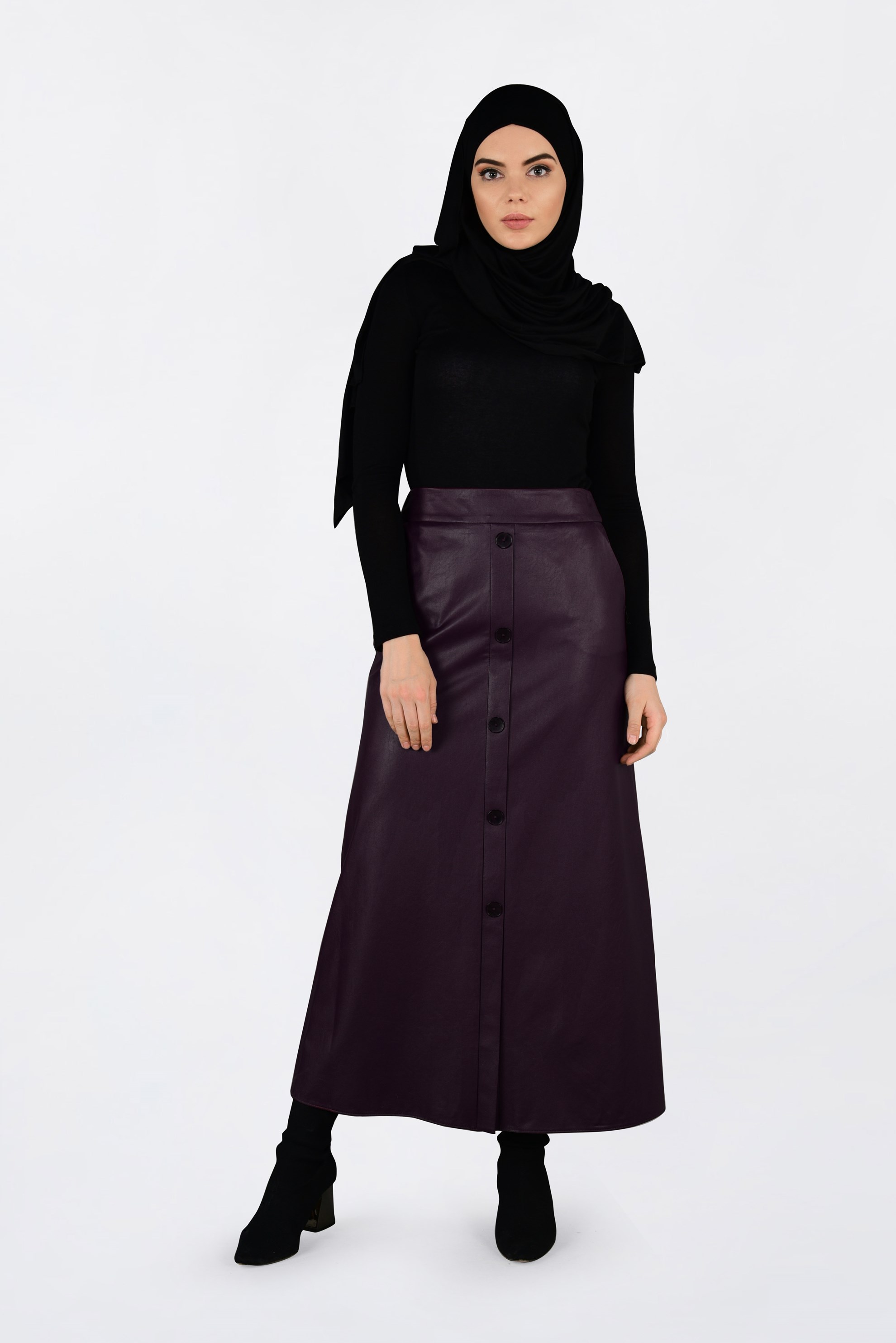 Tesettür giyim BORDO DÜĞMELİ DERİ ETEK 6282
