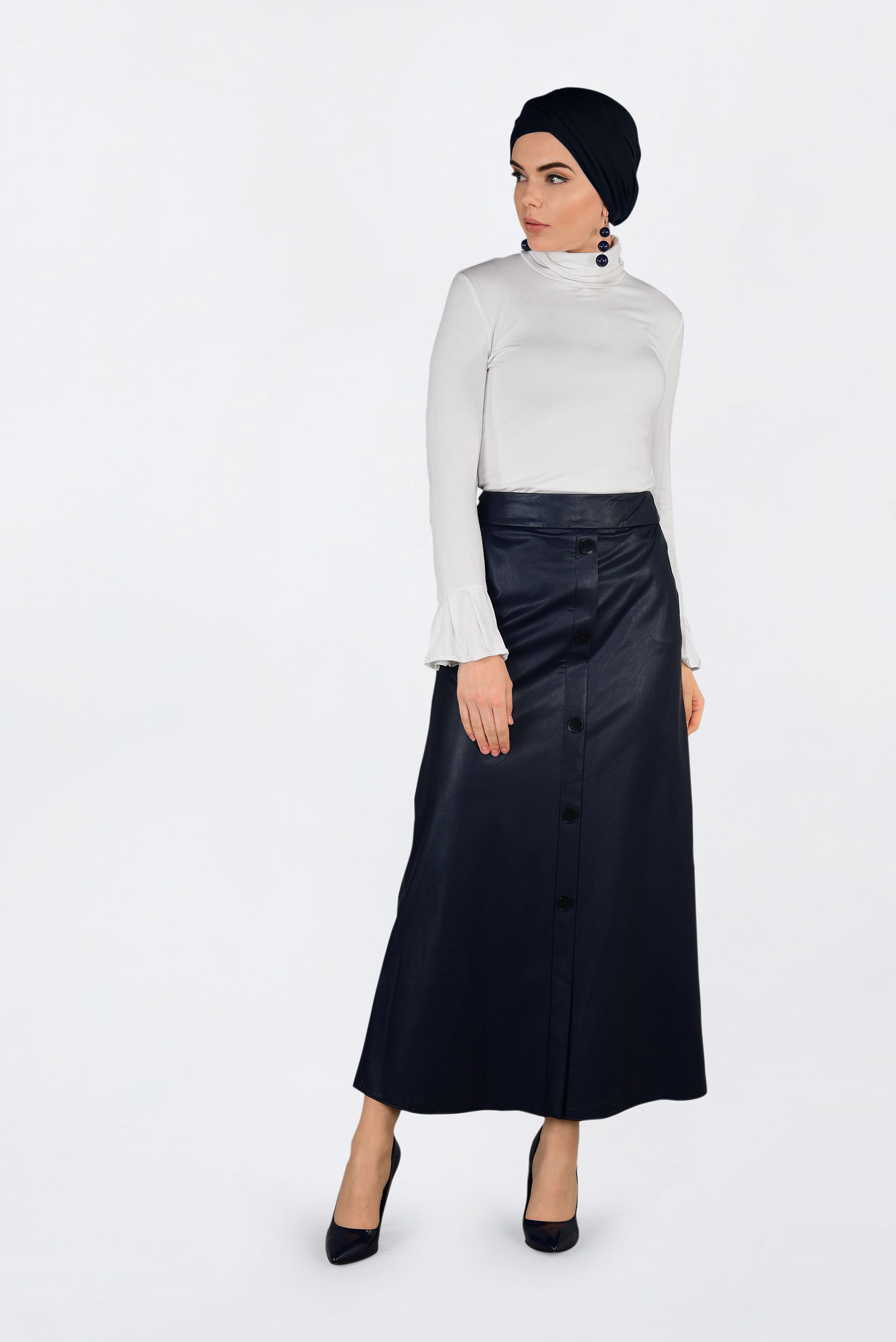 Tesettür giyim LACİVERT DÜĞMELİ DERİ ETEK 6282