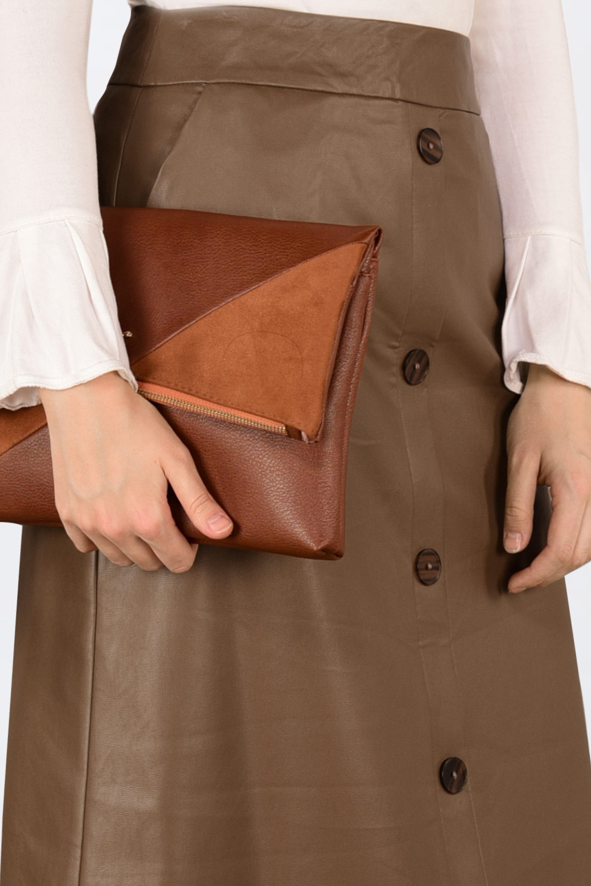 Tesettür giyim KAHVE DÜĞMELİ DERİ ETEK 6282