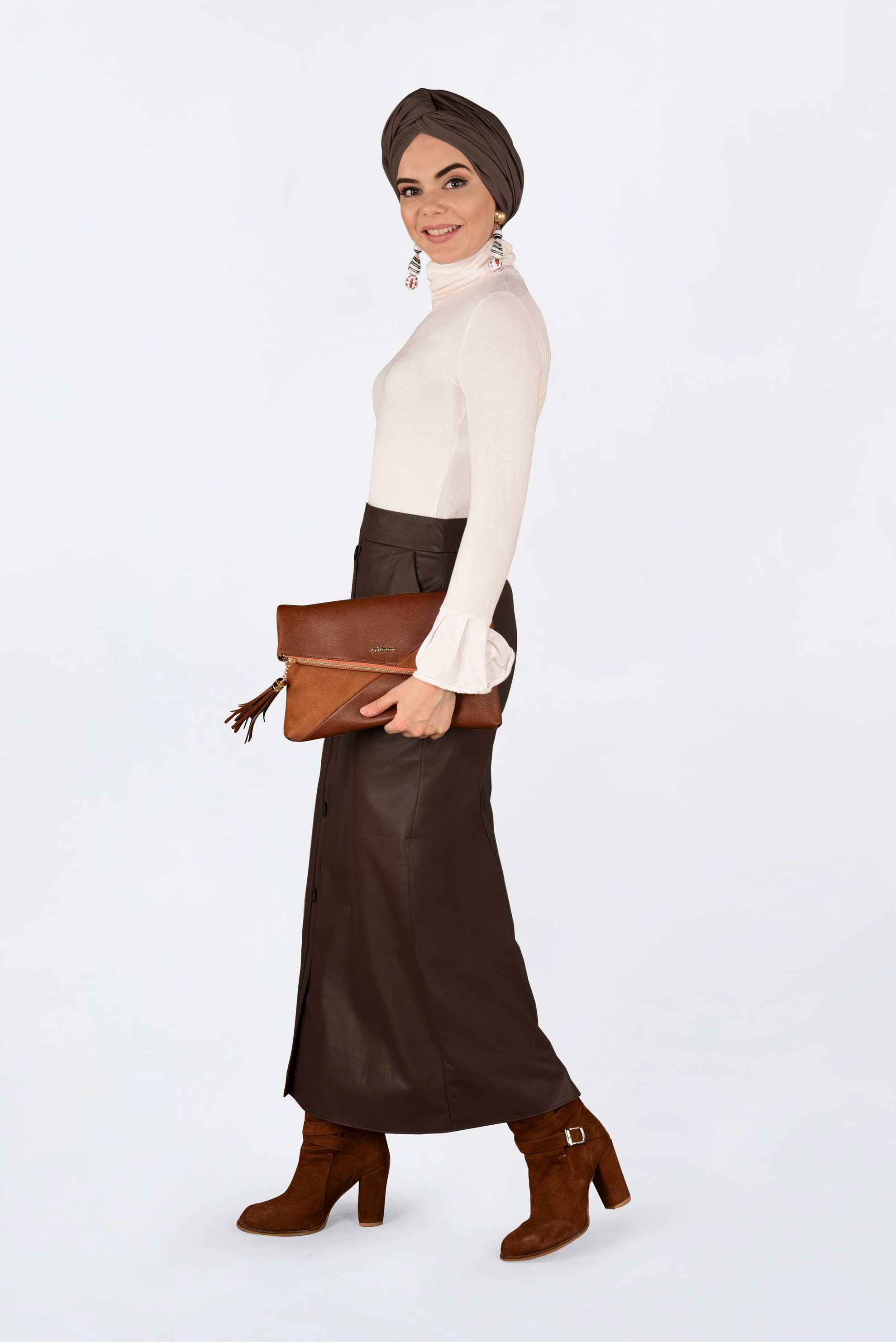 Tesettür giyim KAHVE DÜĞMELİ DERİ ETEK 6282