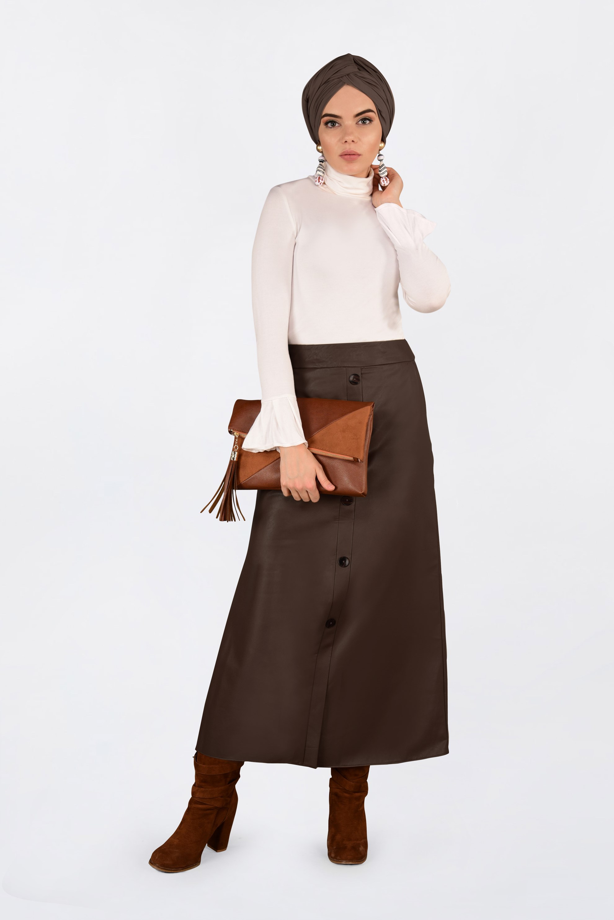 Tesettür giyim KAHVE DÜĞMELİ DERİ ETEK 6282
