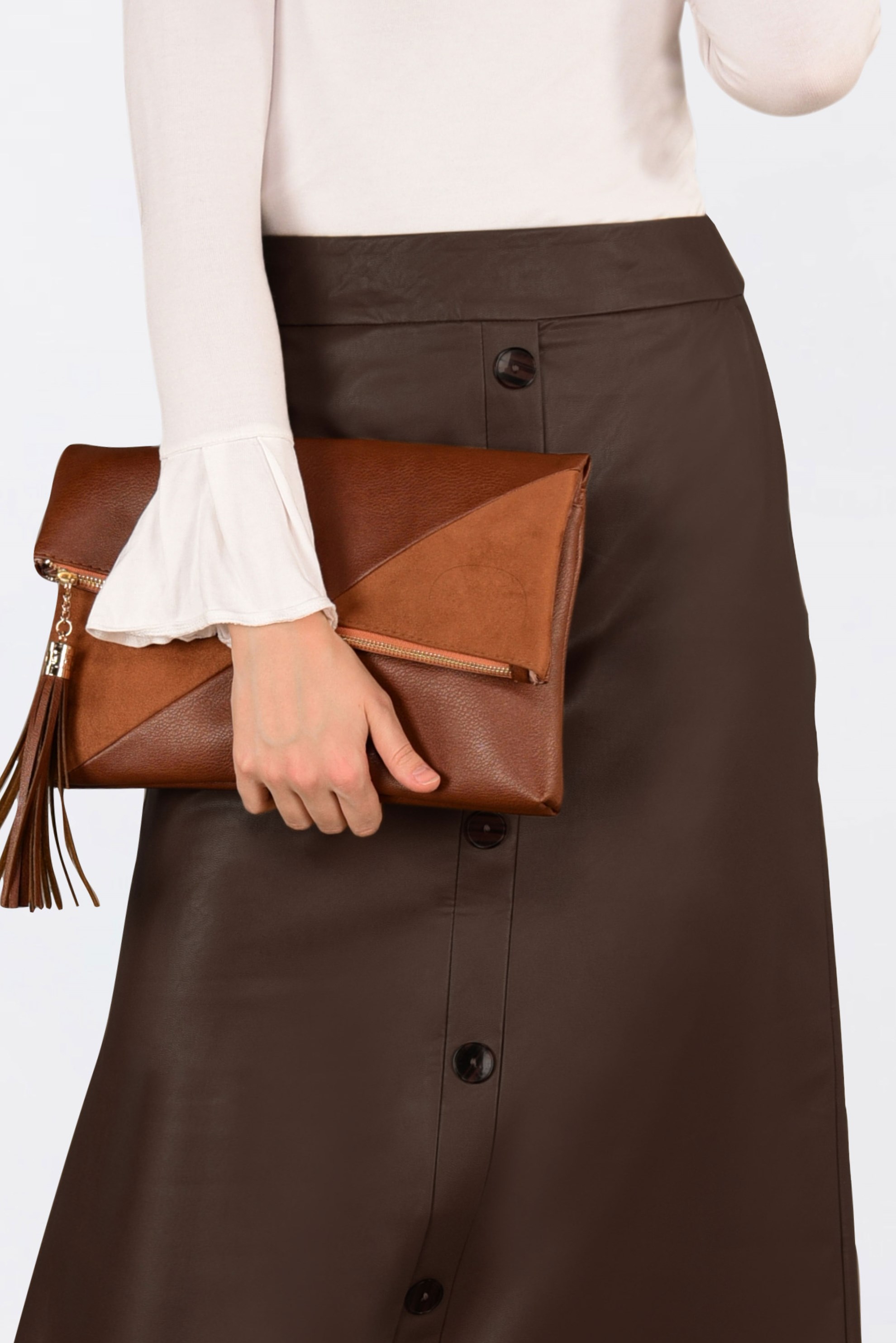 Tesettür giyim KAHVE DÜĞMELİ DERİ ETEK 6282