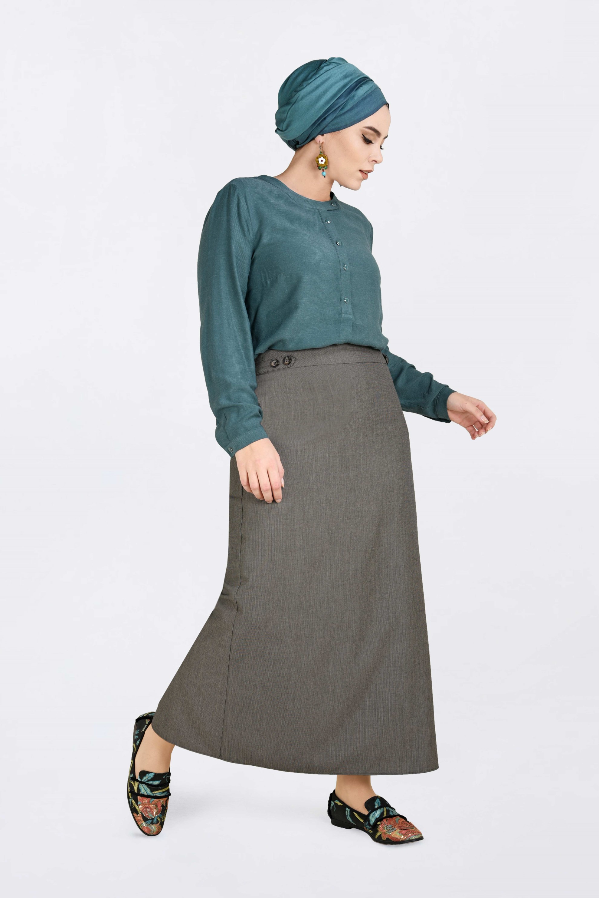 Tesettür giyim KAHVE DÜĞME DETAYLI GİZLİ YIRTMAÇLI ETEK 6283 